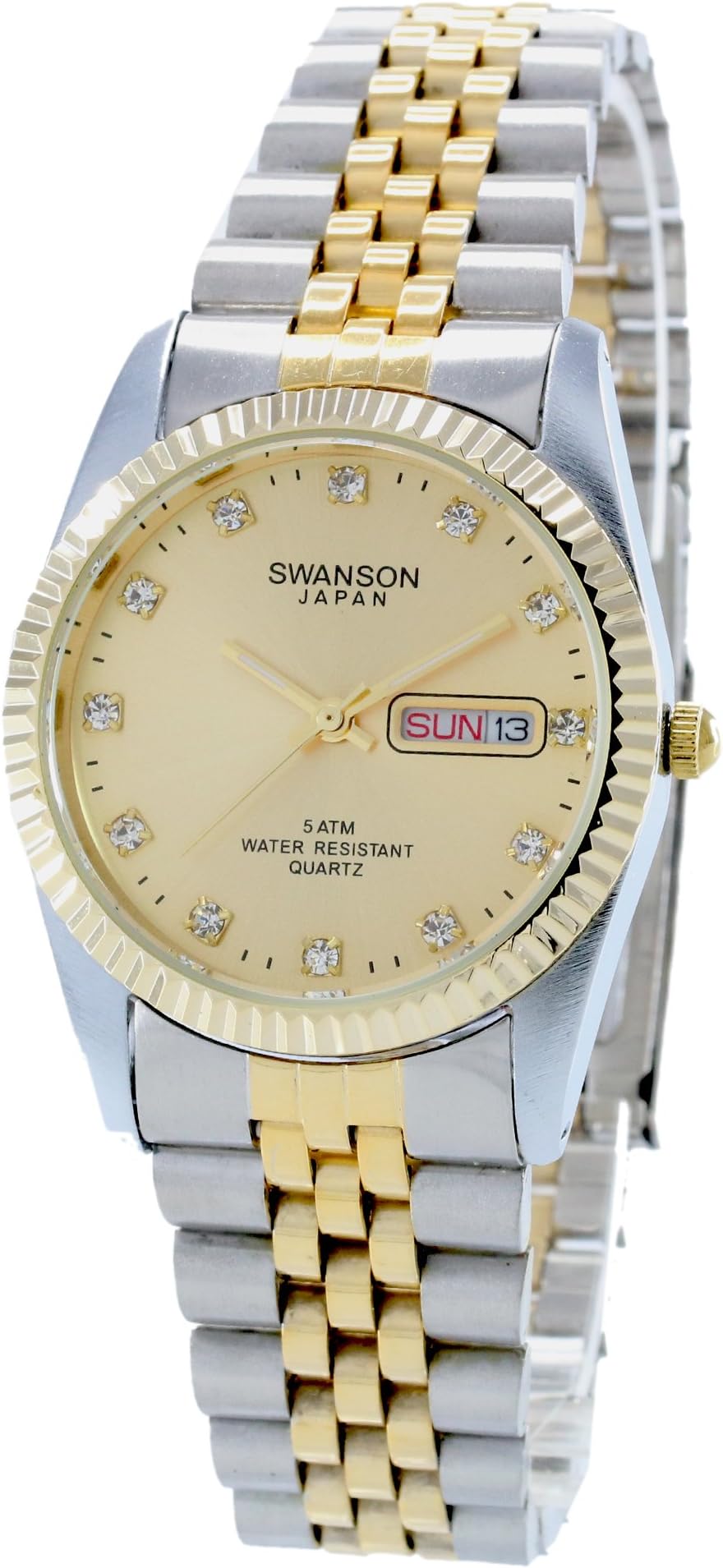 Swanson Men's Two-Tone Day-Date Watch Gold Dial with Stones with Travel Case