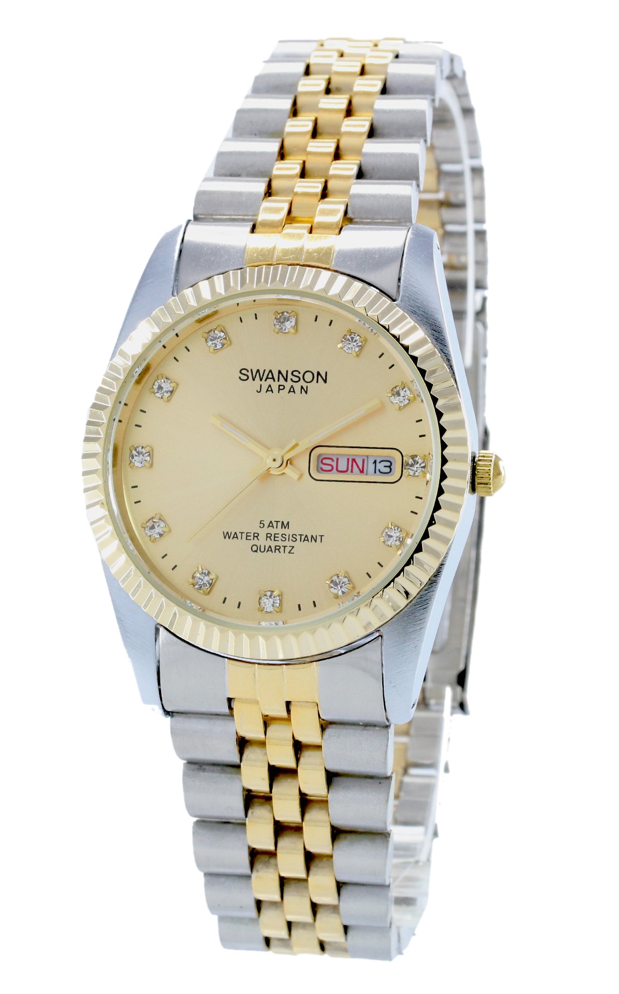 Swanson Men's Two-Tone Day-Date Watch Gold Dial with Stones with Travel Case