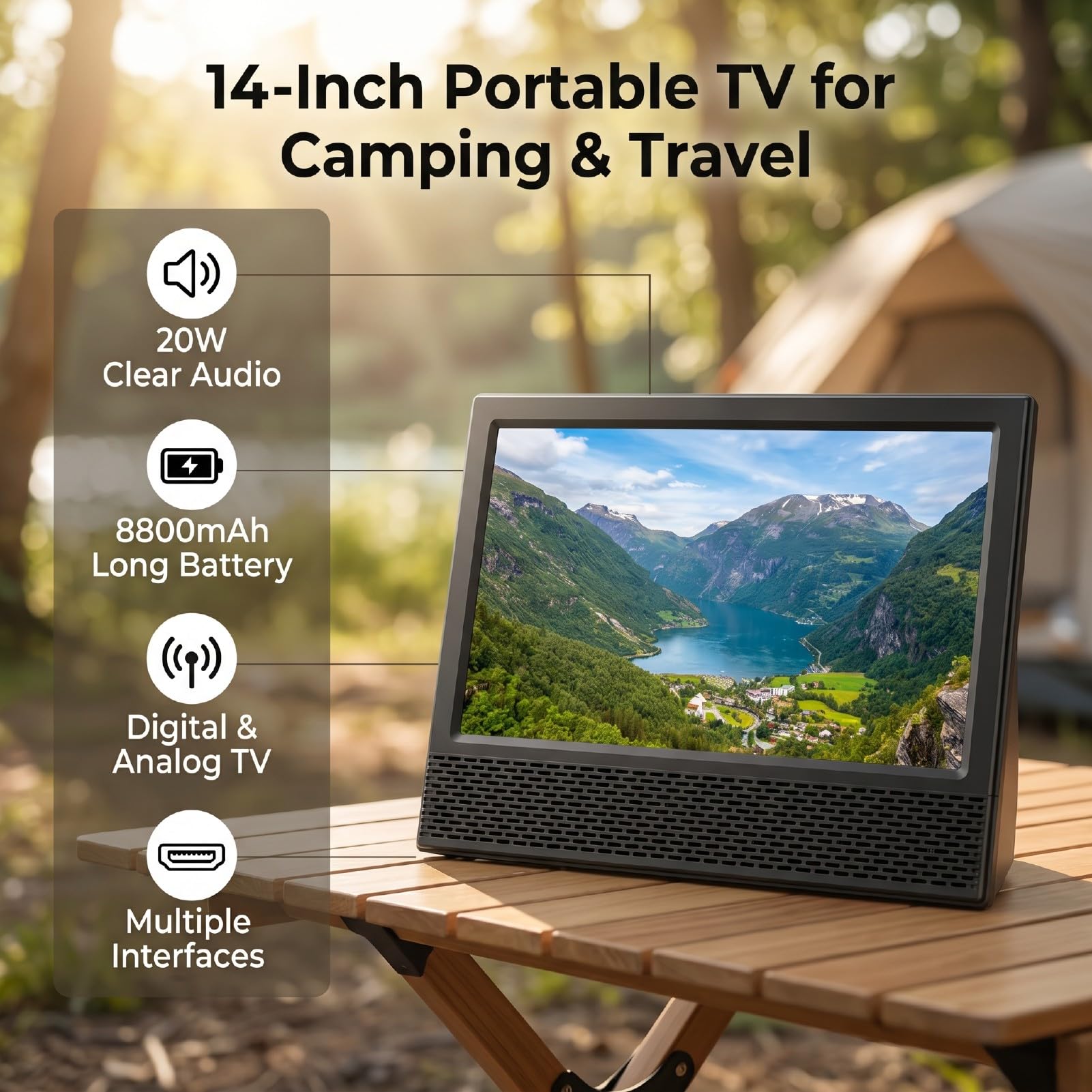 Sxhlseller TV Portátil, Monitor de TV Digital LED TFT de 14 Pulgadas con Sintonizador ATSC T2, Batería Recargable Incorporada y Altavoz de 20 W, para Camping, Viajes, Caravana, Uso Al Aire