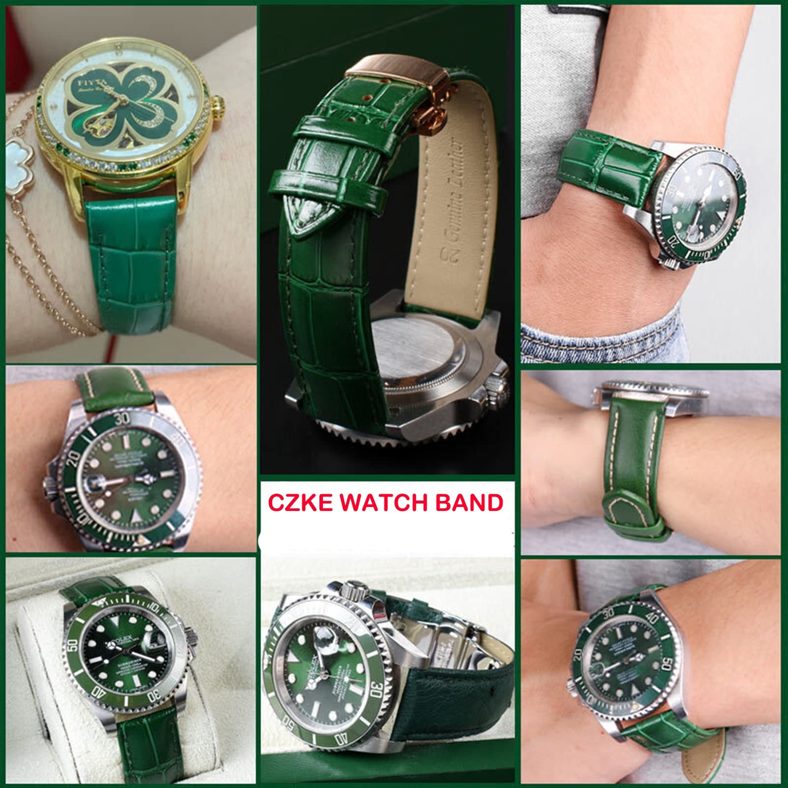 18mm 20mm 22mm modello di bambù morbida pelle bovina cinturino da uomo fibbia farfalla struzzo pelle verde cinturino bracciale