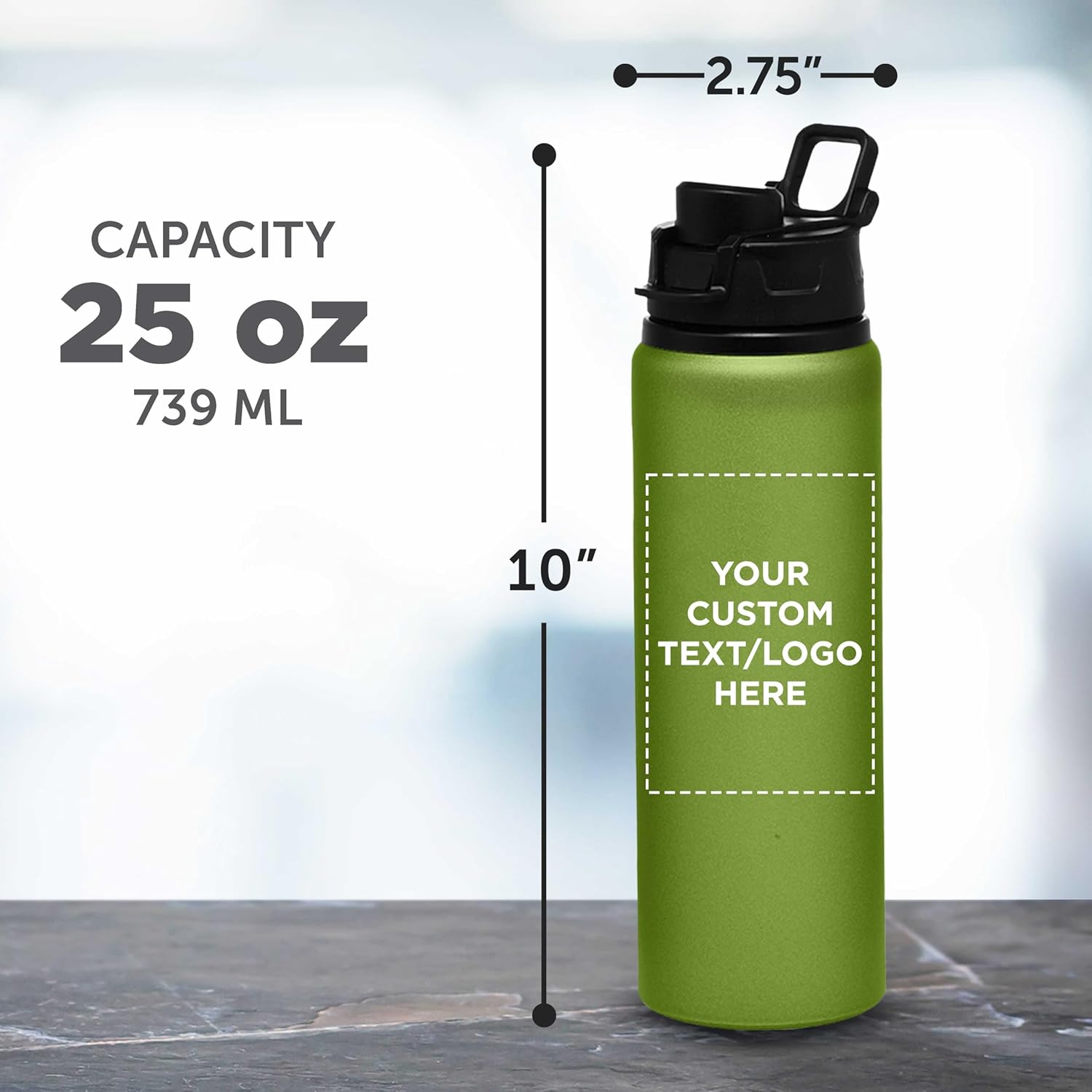 DISCOUNT PROMOS Custom Aluminum Water Bottles Snap Lids 25 oz. Set of 10/50/100 Personalized Bulk Pack Reusable for Gym Hiking Cycling School - Green - Image 5