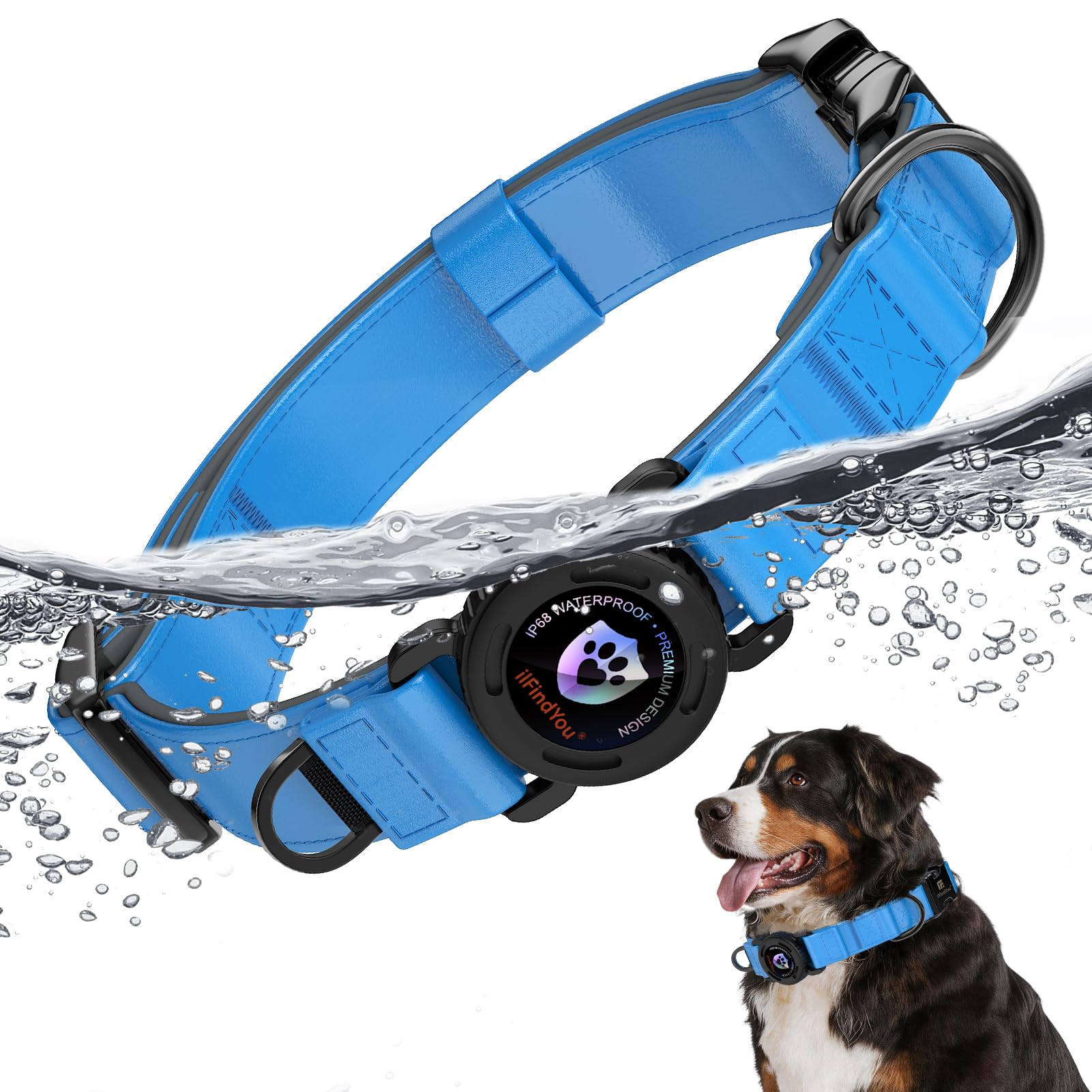 Collier pour chien AirTag cuir étanche grand chien réglable bleu L
