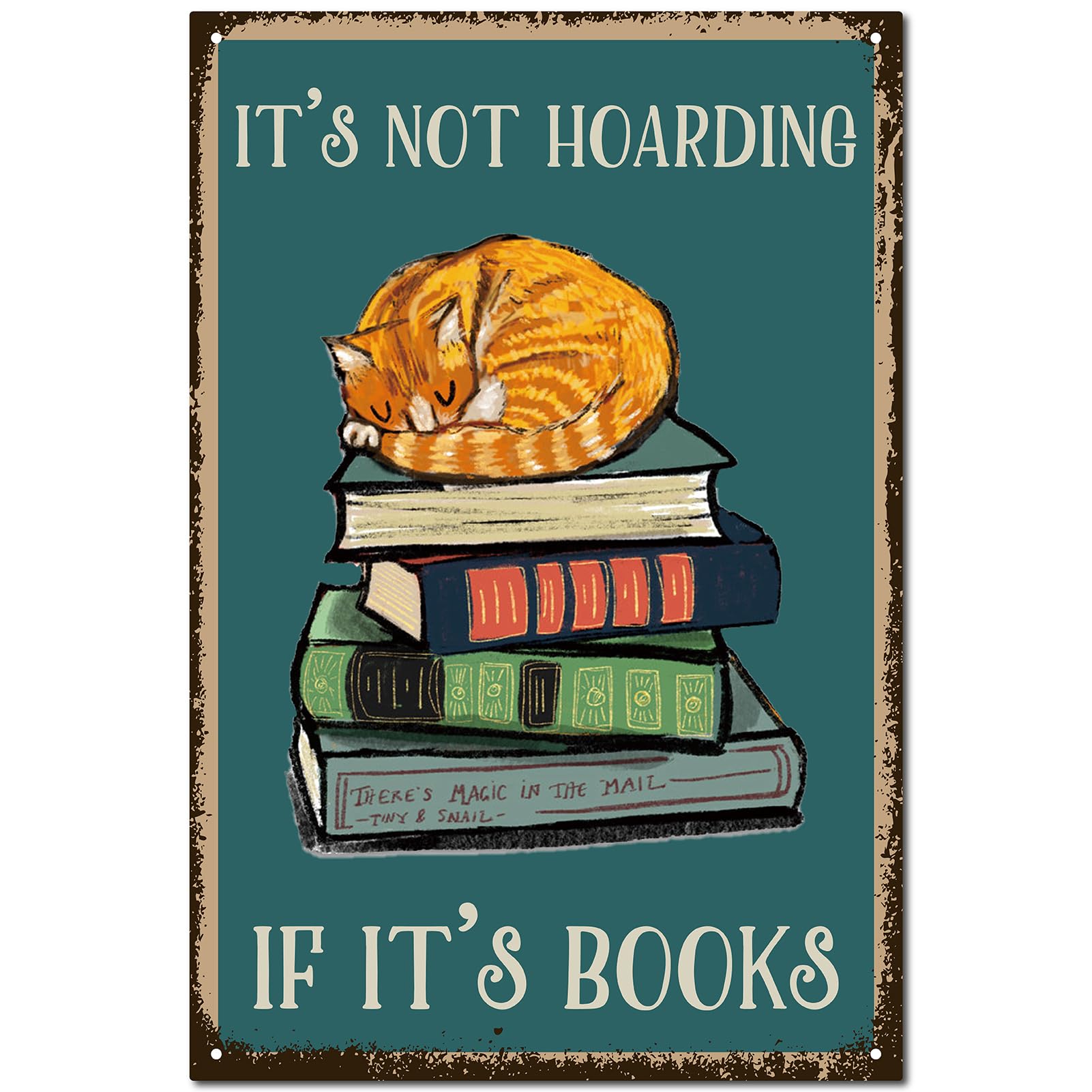 Targa In Metallo Retrò Con Gatto E Libri 'Non è Accumulo Se Si Tratta Di Libri', 20x30 Cm, Per Biblioteca E Sala Lettura