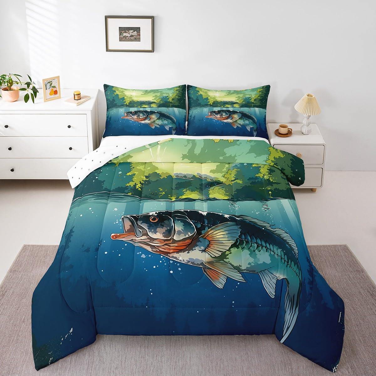 Feelyou Pike Fish Comforter Set Full Size Fishing and Hunting Bedding Set for Boys Teens Decor Bass Big Fish Comforter Wild Duvet Set Bedroom Quilt Set 3Pcs : Home & Kitchen