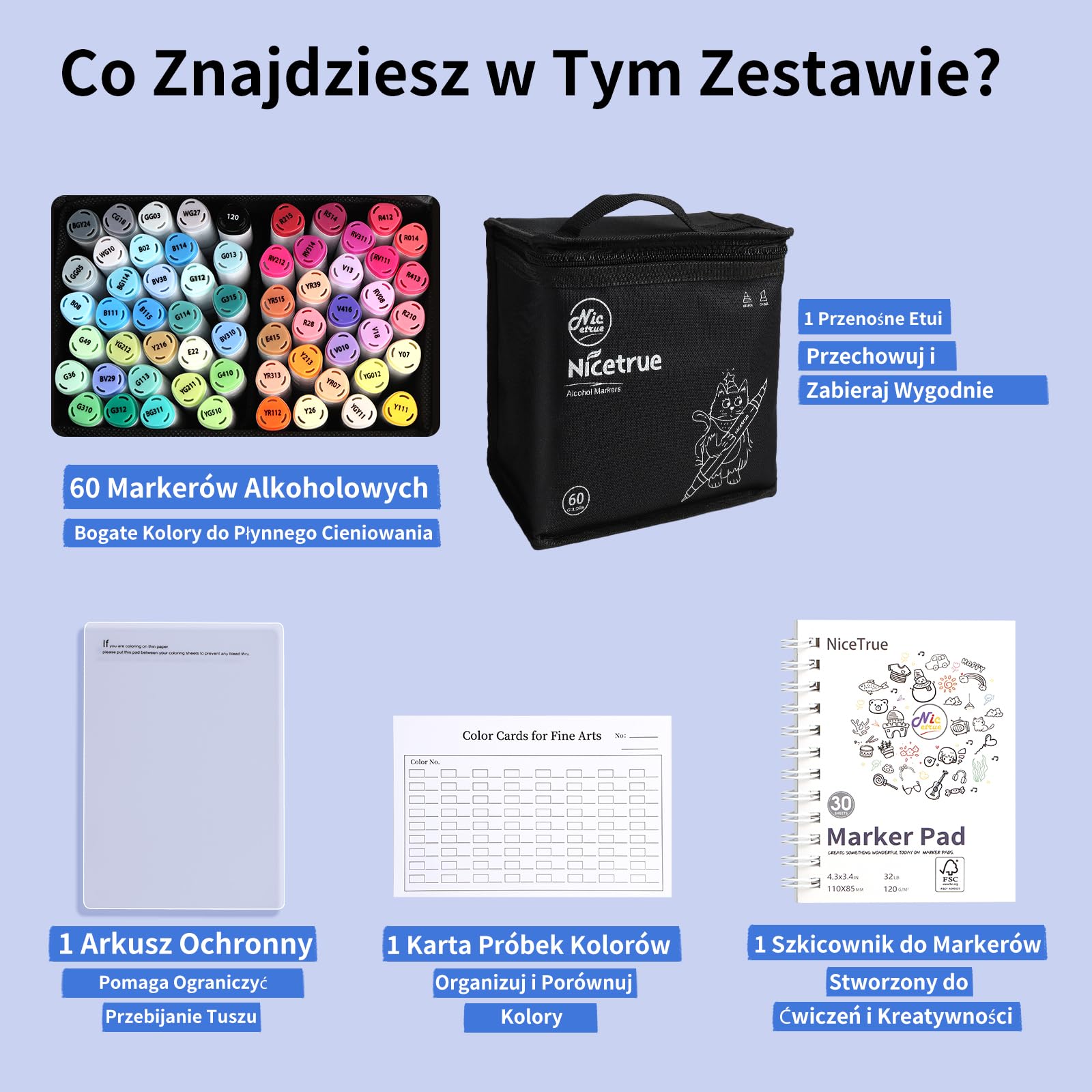 Markery Alkoholowe 60 Kolorów Pędzel i Dłuto do Rysowania | Szybkoschnący tusz, płynne blendowanie, wymienne końcówki i możliwość uzupełniania tuszu
