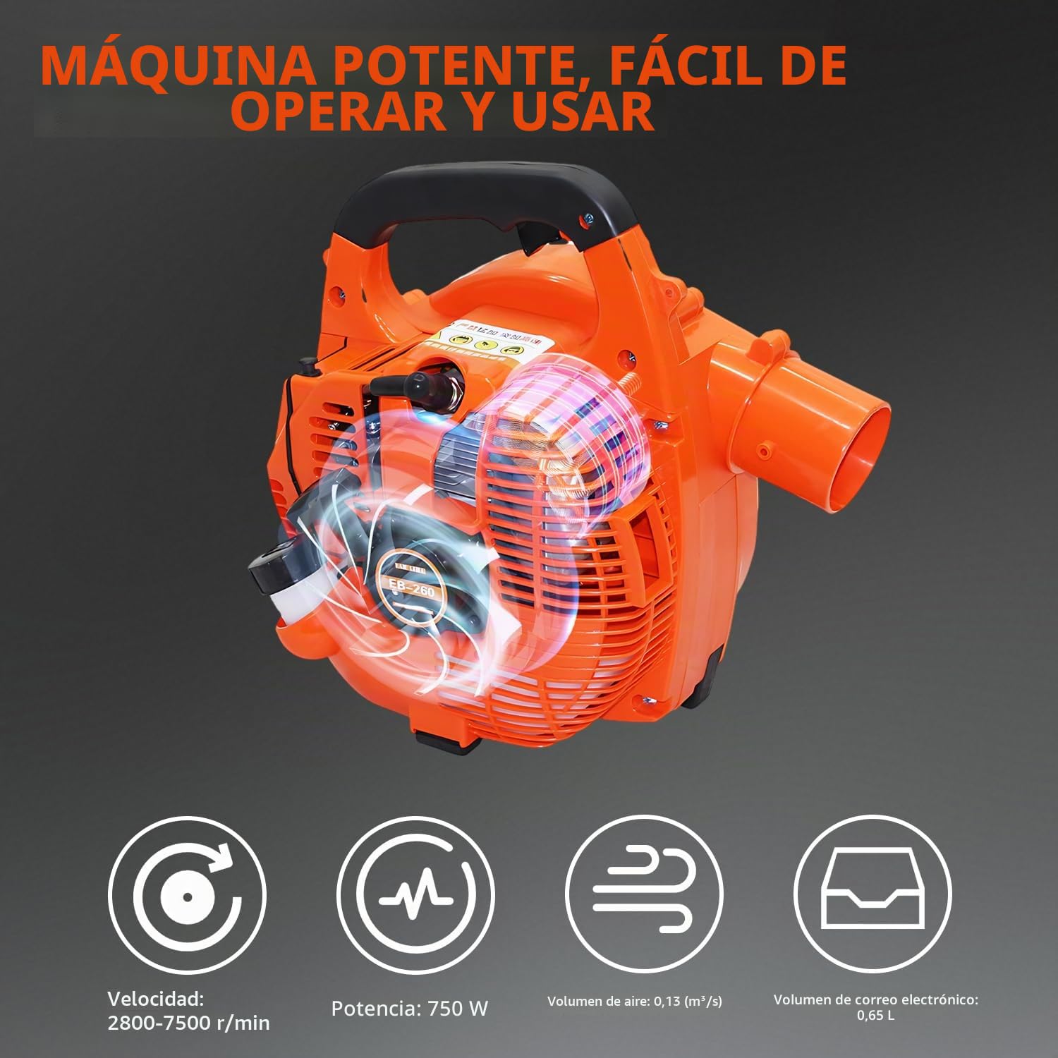26 CC Soplador de hojas a gasolina portátil inalámbrico, potente motor de 2 tiempos refrigerado por aire - 7500 rpm / 0,75 kW, ligero, para limpieza de hojas, nieve y polvo