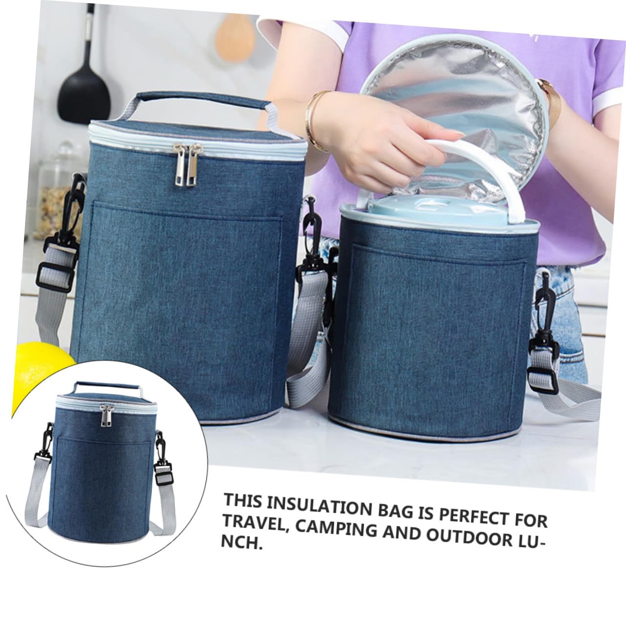 DOITOOL Tragbare Thermotasche Rund, Oxford Gewebe, Navy, Kompakt