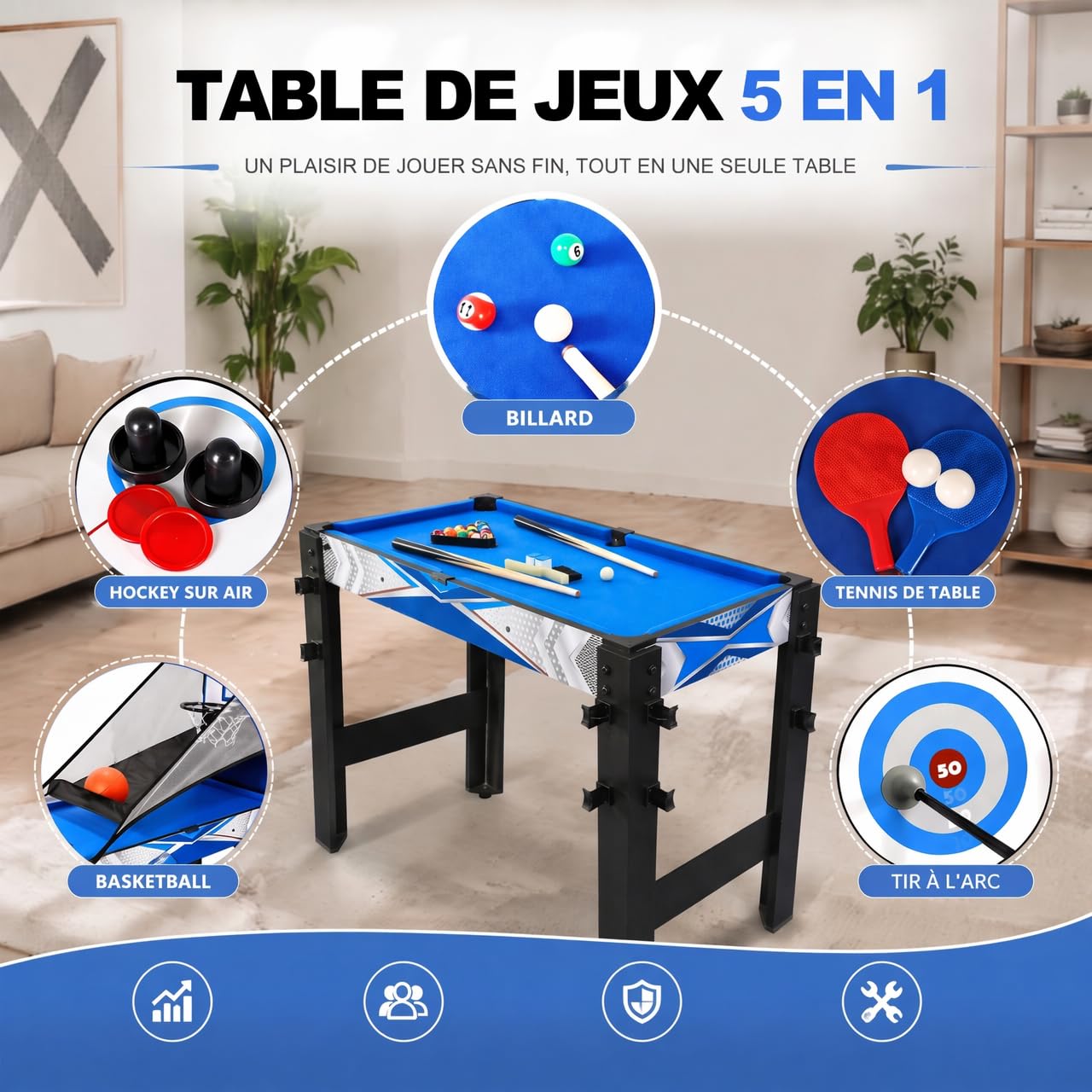 Table multijeux 5en1 122cm Billard Ping Pong Air Hockey Basket