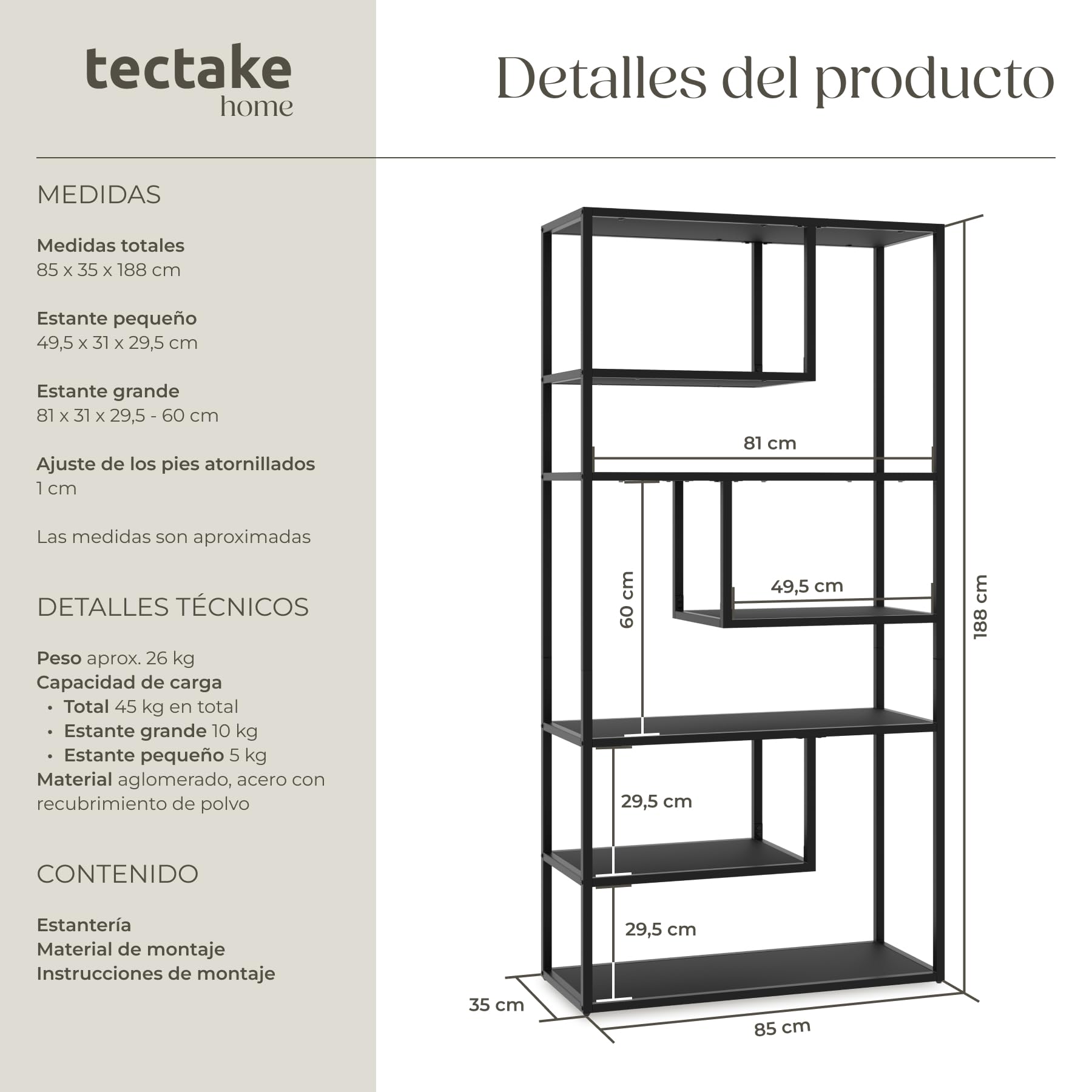 tectake® Estantería Industrial con Estructura de Acero con 7 Estantes, Estanteria de Cocina con Protección Antivuelco, Estantería Metálica, Patas Regulables en Altura - 35 x 85 x 188 cm Negro