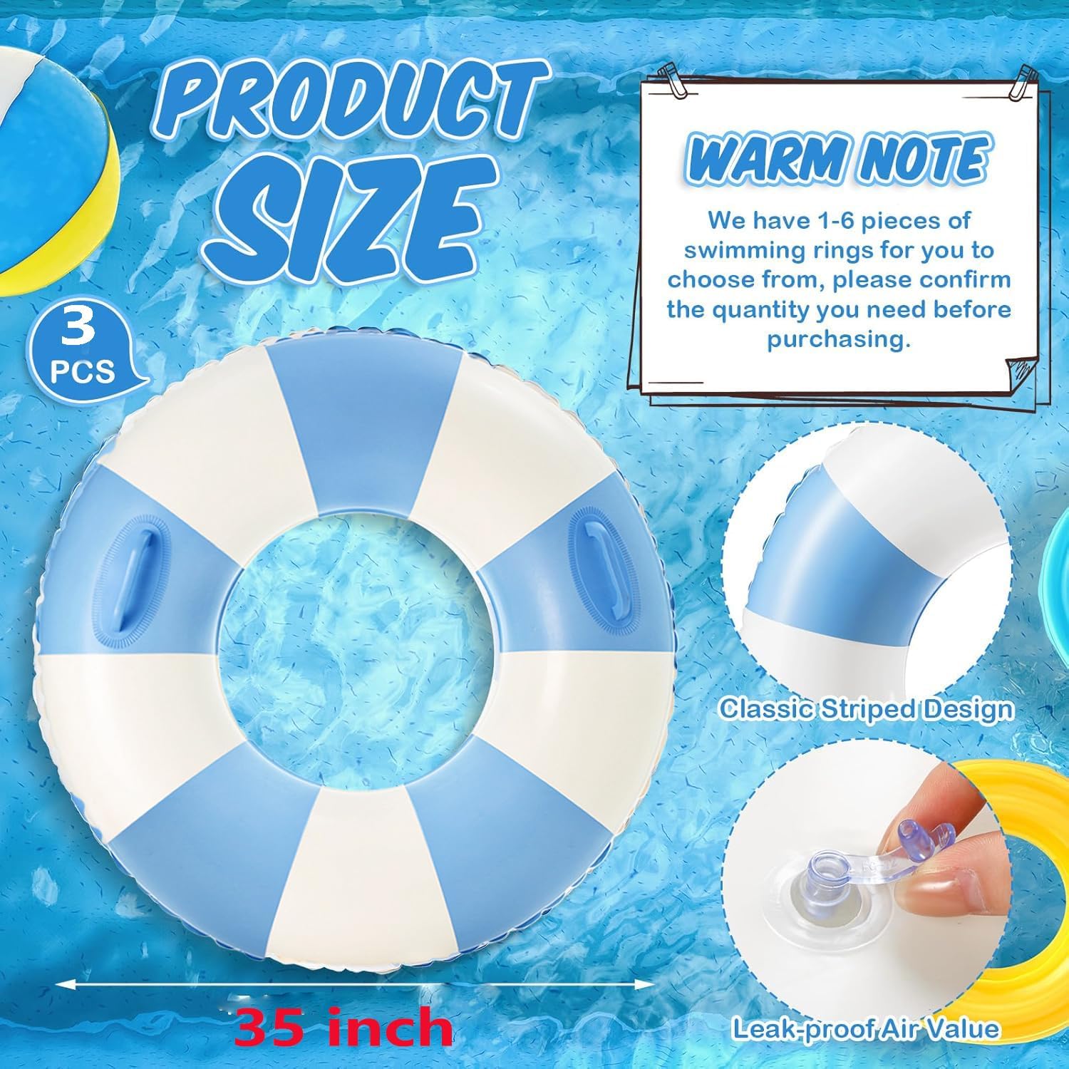 3 pcs Large Swim Ring with Handles for Adults,35 Inch Classic Striped Pool Inner Tubes,Inflatable Pool Floats,Pool Floaties Adult Size for Summer Pool Party Beach