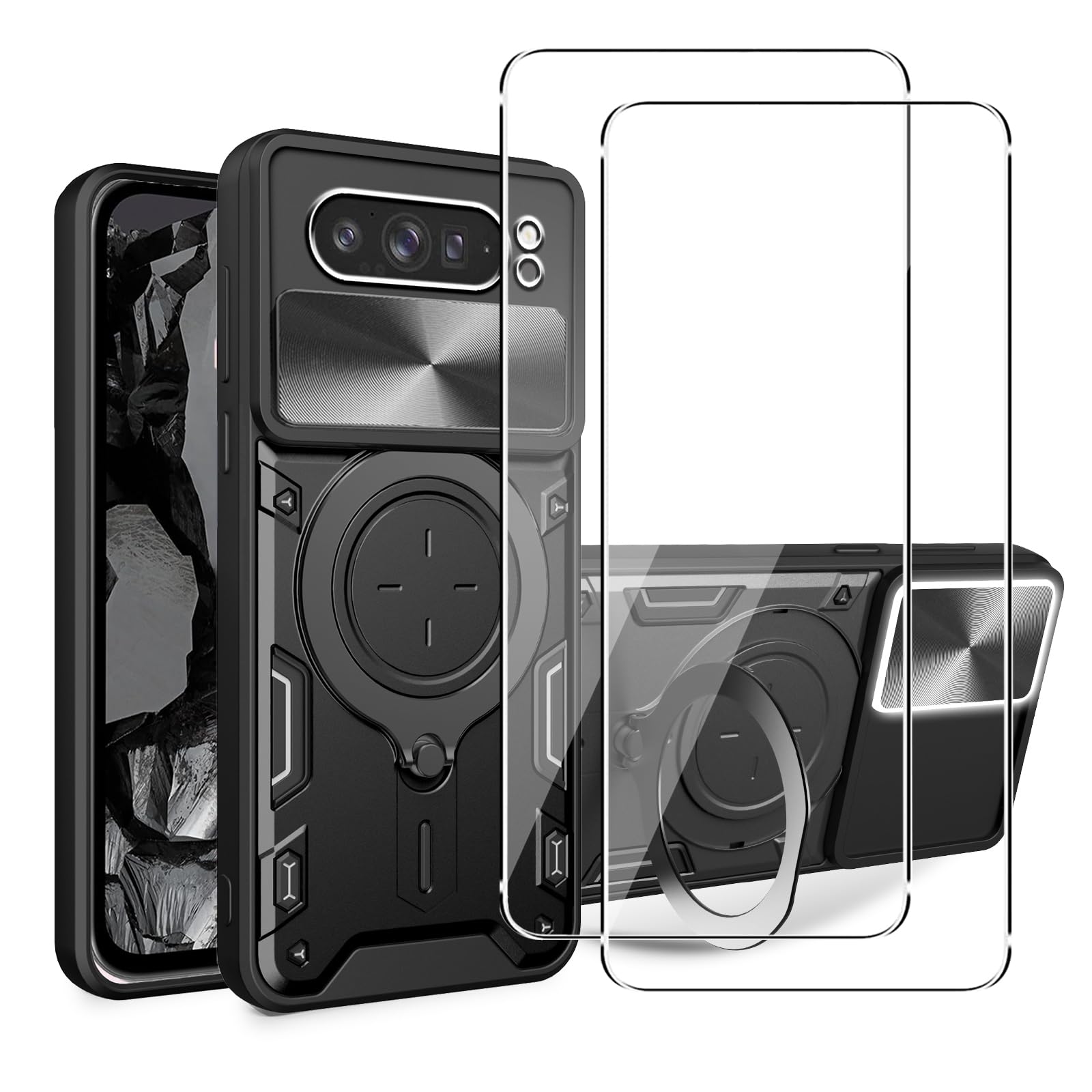 Case for Google Pixel 10 Pro XL/Pixel 9 Pro XL + 2 Pack Screen With Slide Camera Protection Cover,Magnetic Metal Ring Kickstand Shockproof Military Grade Heavy Duty Tough Cover,Blue