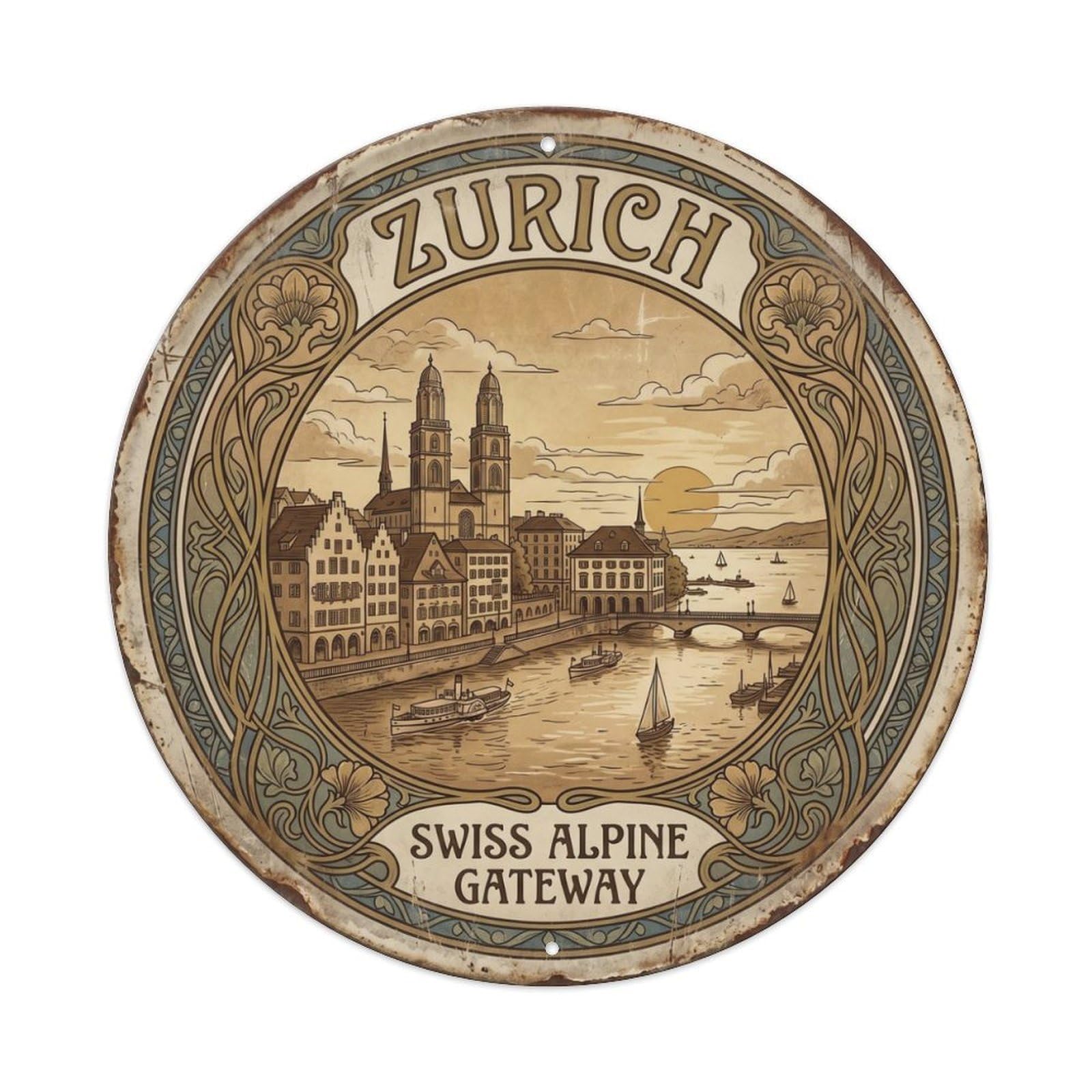 Vintage Travel Zurich Switzerland Alpine Metal Tin Sign Plaque Wall Decor for Cafe, Club, Garden Round Metal Poster 8x8Inch