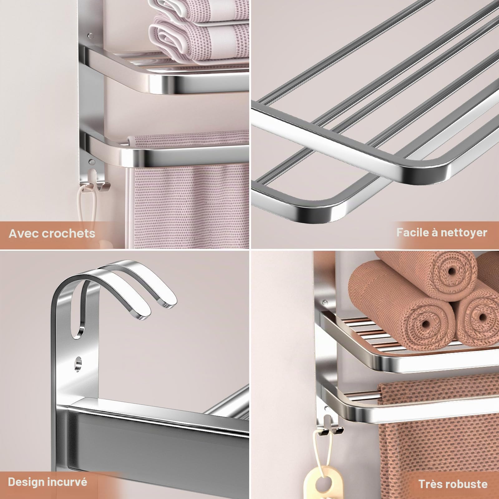 Porte-serviettes à 3 niveaux pour salle de bain en acier inoxydable, support mural finition brossée avec étagère multicouche