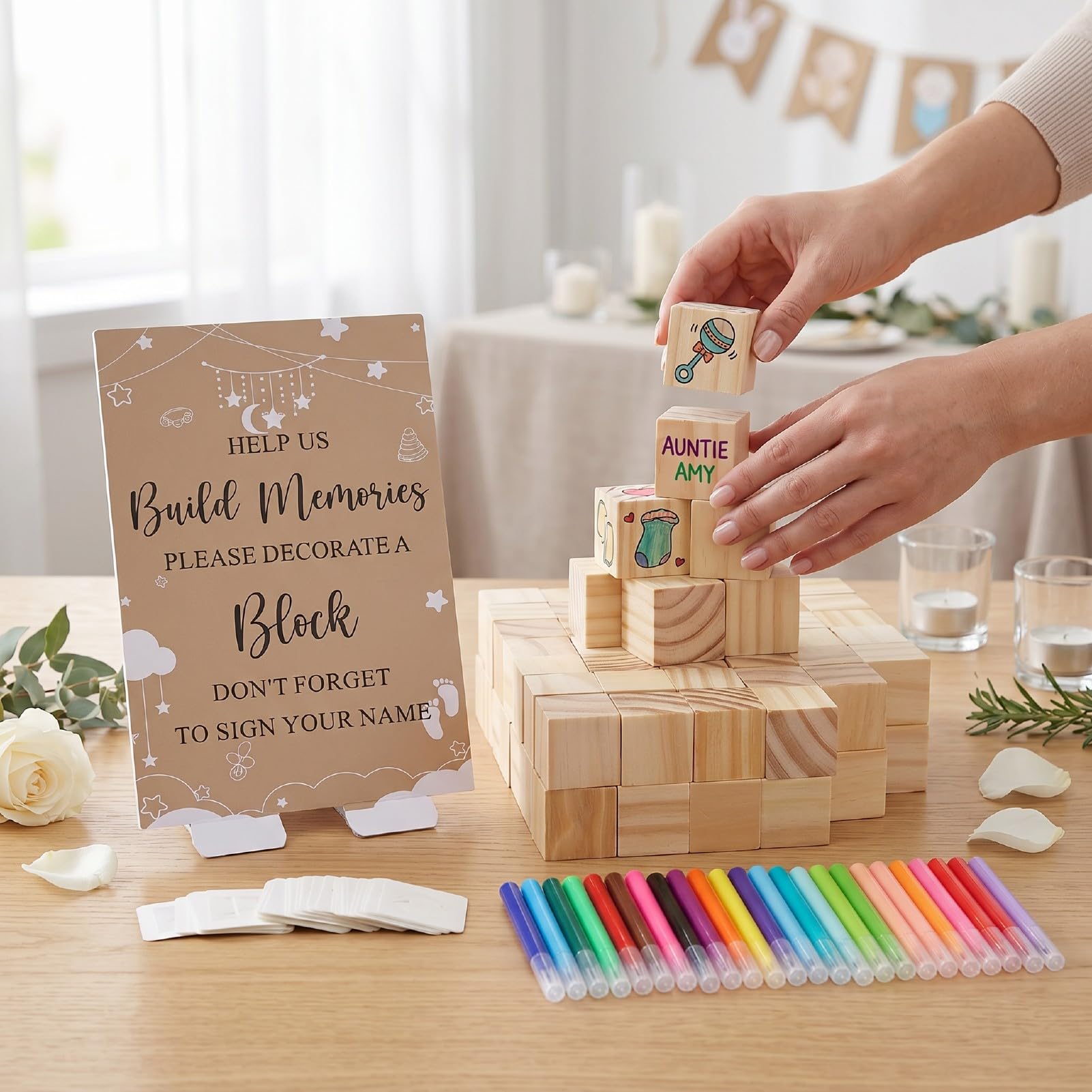 Set di Giochi a Blocchi Fai-da-te per Feste per Bambini da 147 Pezzi Attività Creativa Divertente per la Lavorazione del Legno Massello di Baby Shower