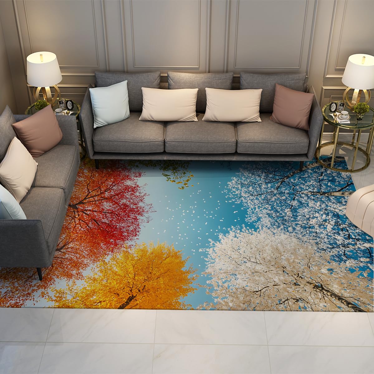 Tapis de salon quatre saisons canopy pour une chambre cosy et colorée