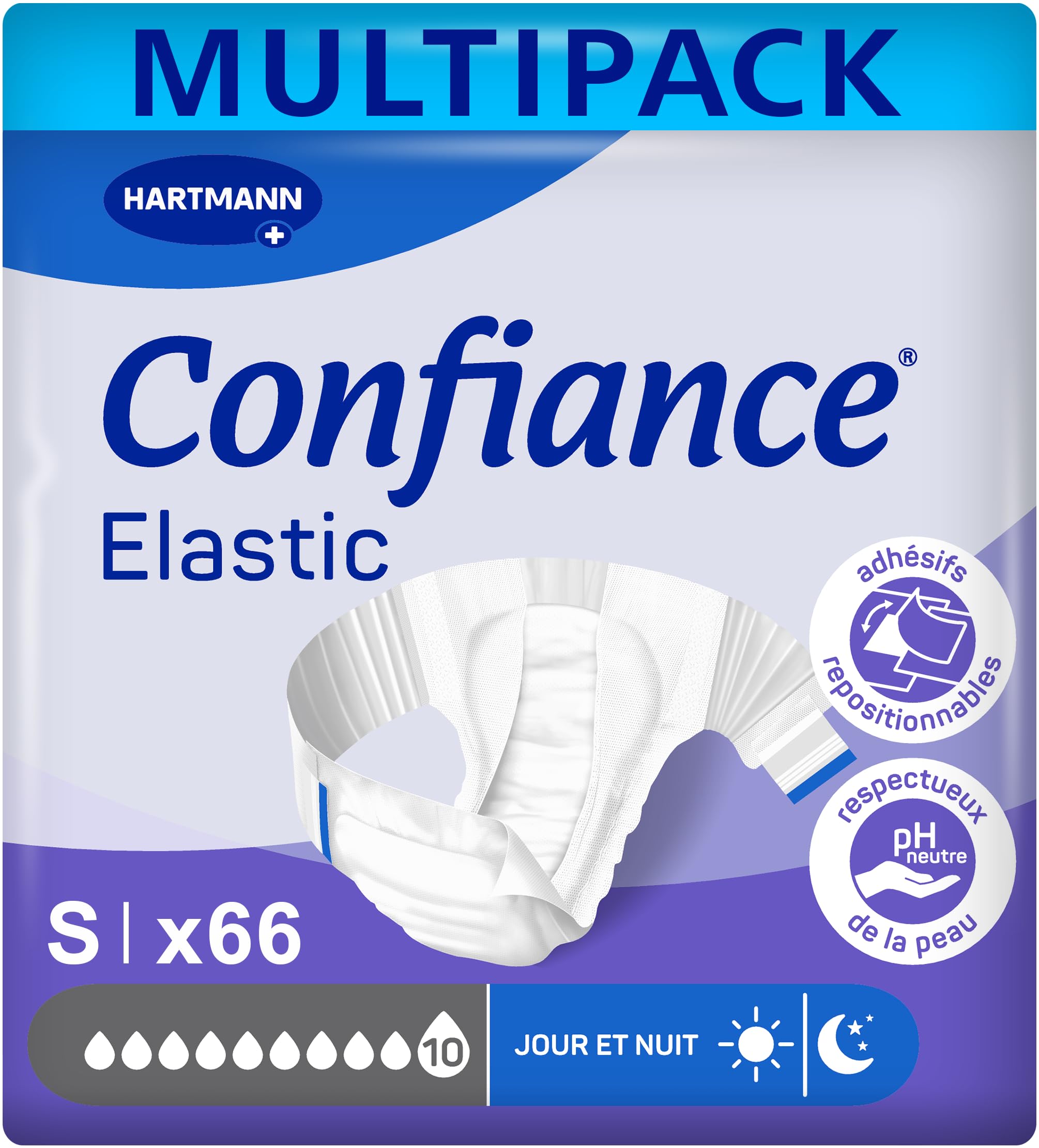 Confiance Elastic – Cambios completos para hombres y mujeres – Nivel de absorción = 10 gotas (fugas urinarias importantes) – pH neutro a la piel – Material suave – Talla S – 3x22 Unidades | 3 x 22 unidades, protecciones para fugas de orina significativas,