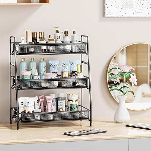 Miniatura 3 de EKNITEY Estante organizador de encimera de baño, estante de 3 niveles, estante de metal para maquillaje, pequeño organizador de perfumes, para