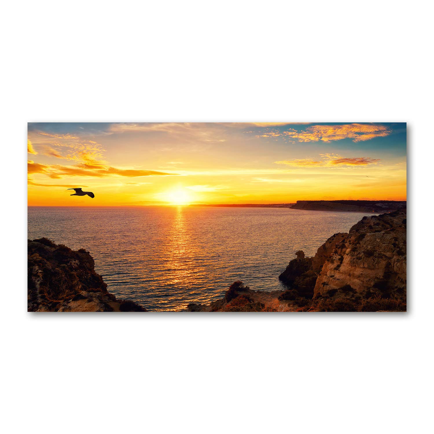 Impression sur verre pour raviver un mur sombre, tableau décoratif coucher de soleil jaune 120x60