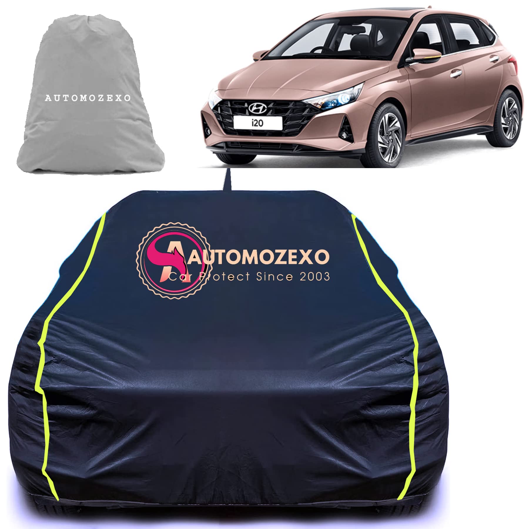 Hyundai New I20 100% Waterproof Car Cover (Midnight Blue) 6LYR HDPE 200gsm Strong Fabric for All Weather Protection, Mirror & Antenna Pocket, Cotton Layer Cover, Adjustable Elastic Straps