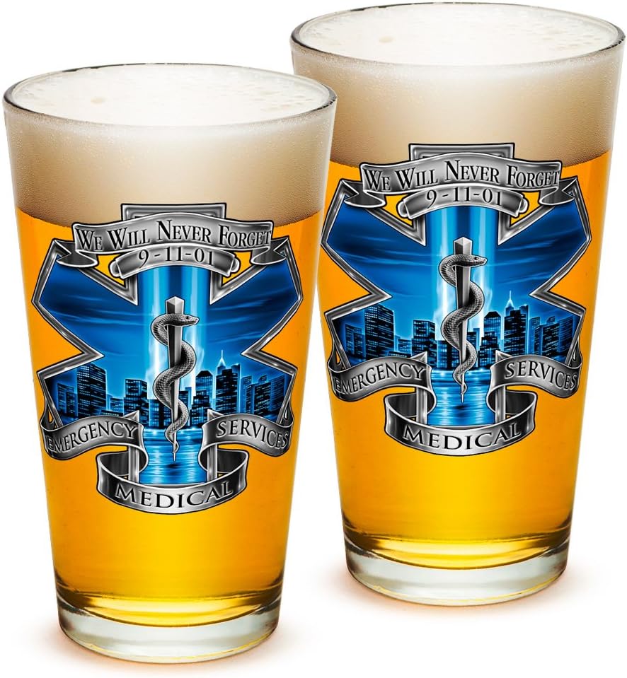 Erazor Bits Pint Glasses ? EMT Paramedic Gifts for Men or Women ? EMT Beer Glassware ? EMS Blue Skies Beer Glass with Logo - 4 Piece Collector Set (16 Oz)