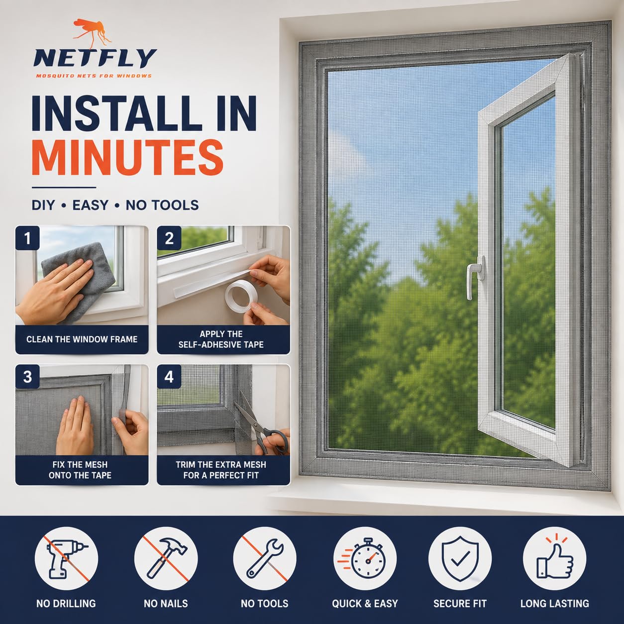 Netfly Mosquito Net for Windows 4×5 ft, Grey | DIY Self-Adhesive Insect Screen Mesh | Fine Mesh Fly & Bug Screen Curtain | Window Insect Protector | Fiberglass Mesh — Amazon image 3