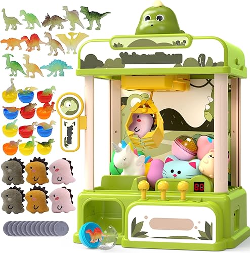 Skirfy Máquinas de garra de dinosaurio para niños, máquina expendedora electrónica de juegos de arcada con 34 juguetes de dinosaurio y sonido,
