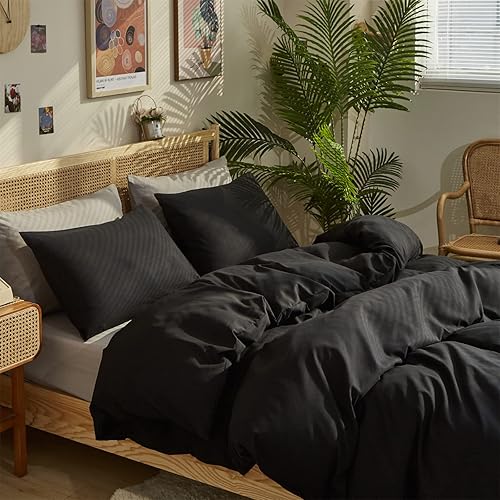 Miniatura 4 de Juego de edredón negro tamaño King, edredón negro puro para mujeres y hombres, juego de edredón suave y lujoso de color oscuro, juego de ropa de
