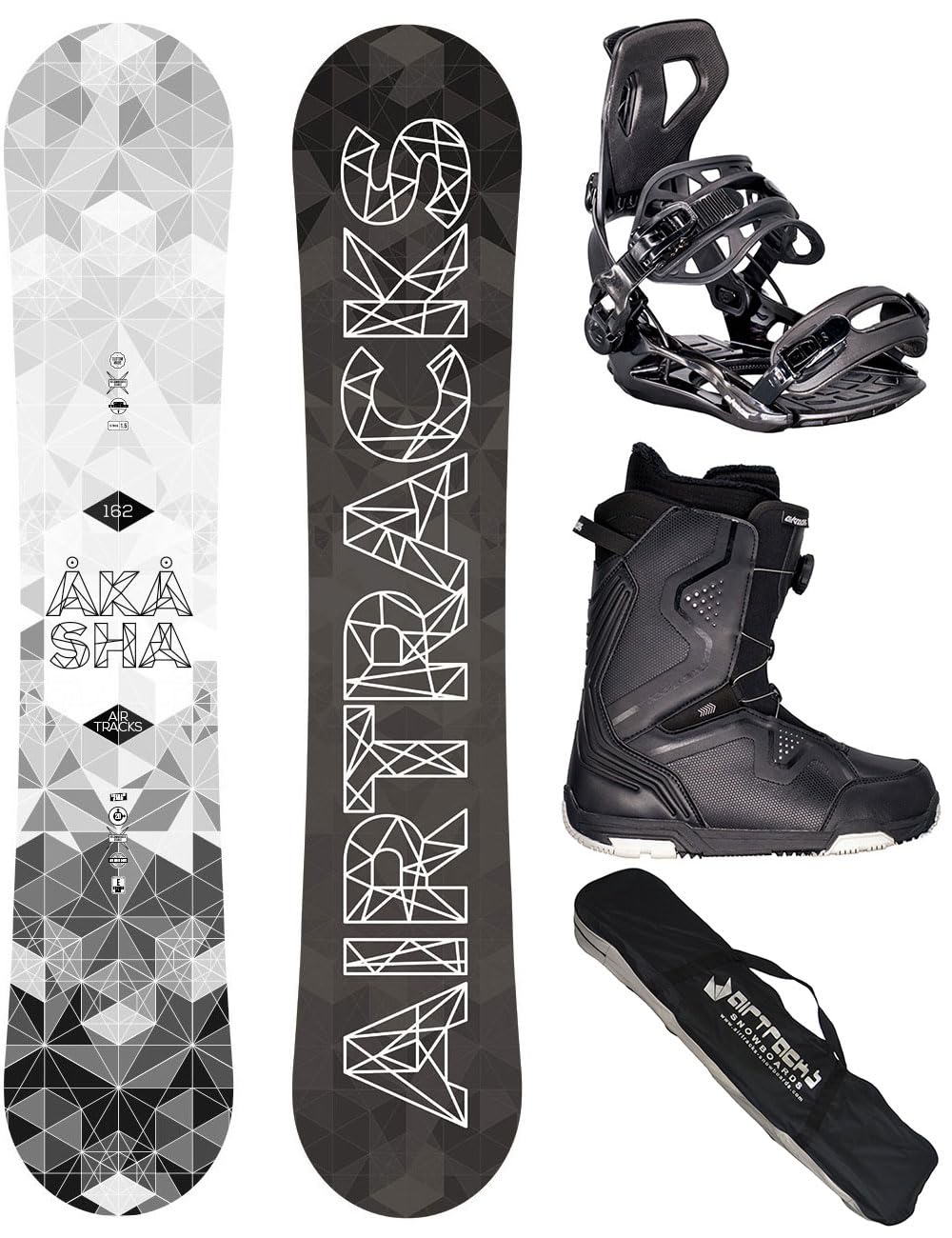 Airtracks Snowboard Set TAVOLA Jungle Wide Hybrid Rocker Uomo+ATTACCHI Master FASTEC+Scarponi+Sacca/Nuovi