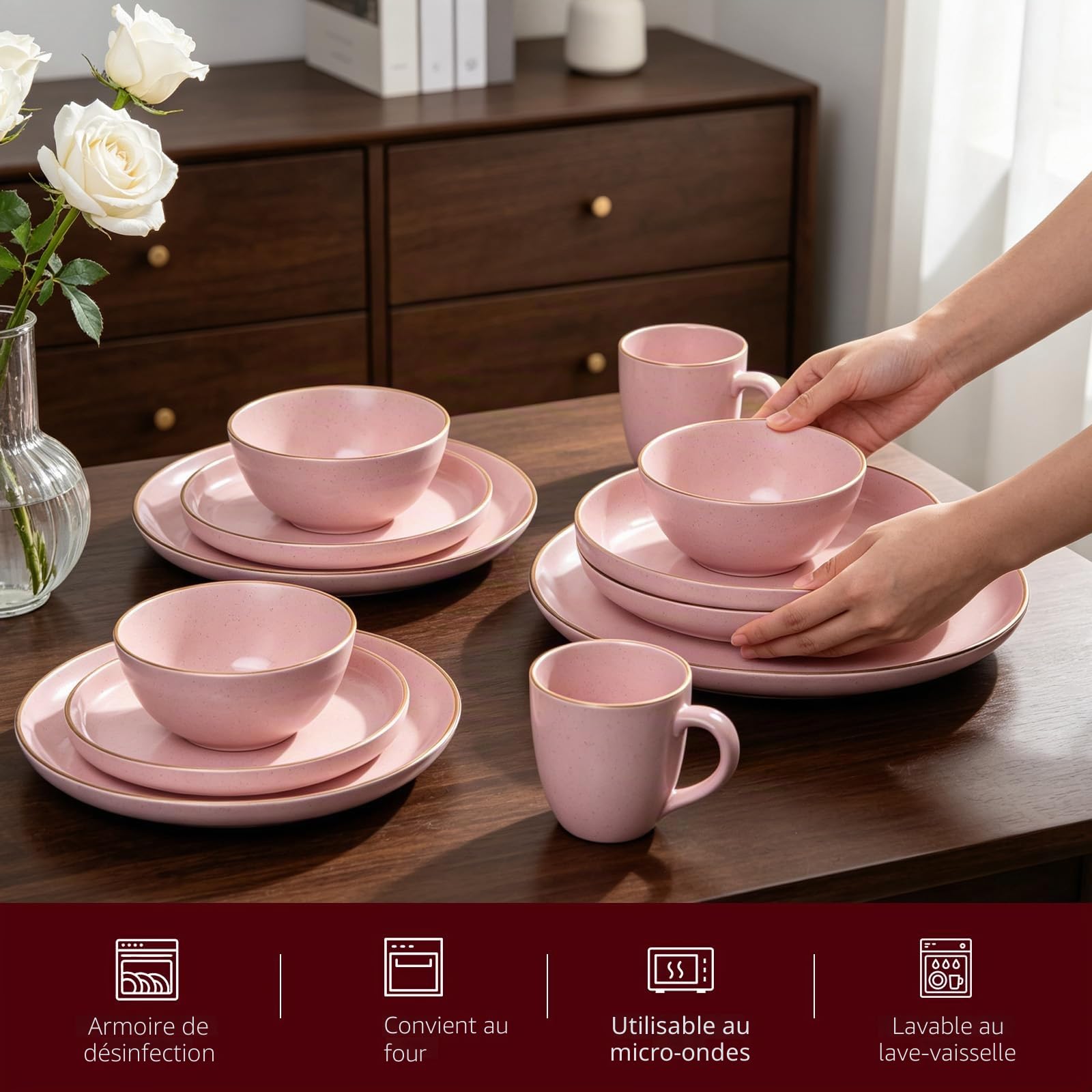 Service de table 20 pièces en grès avec bord relevable de forme nordique rose brillant avec effet moucheté