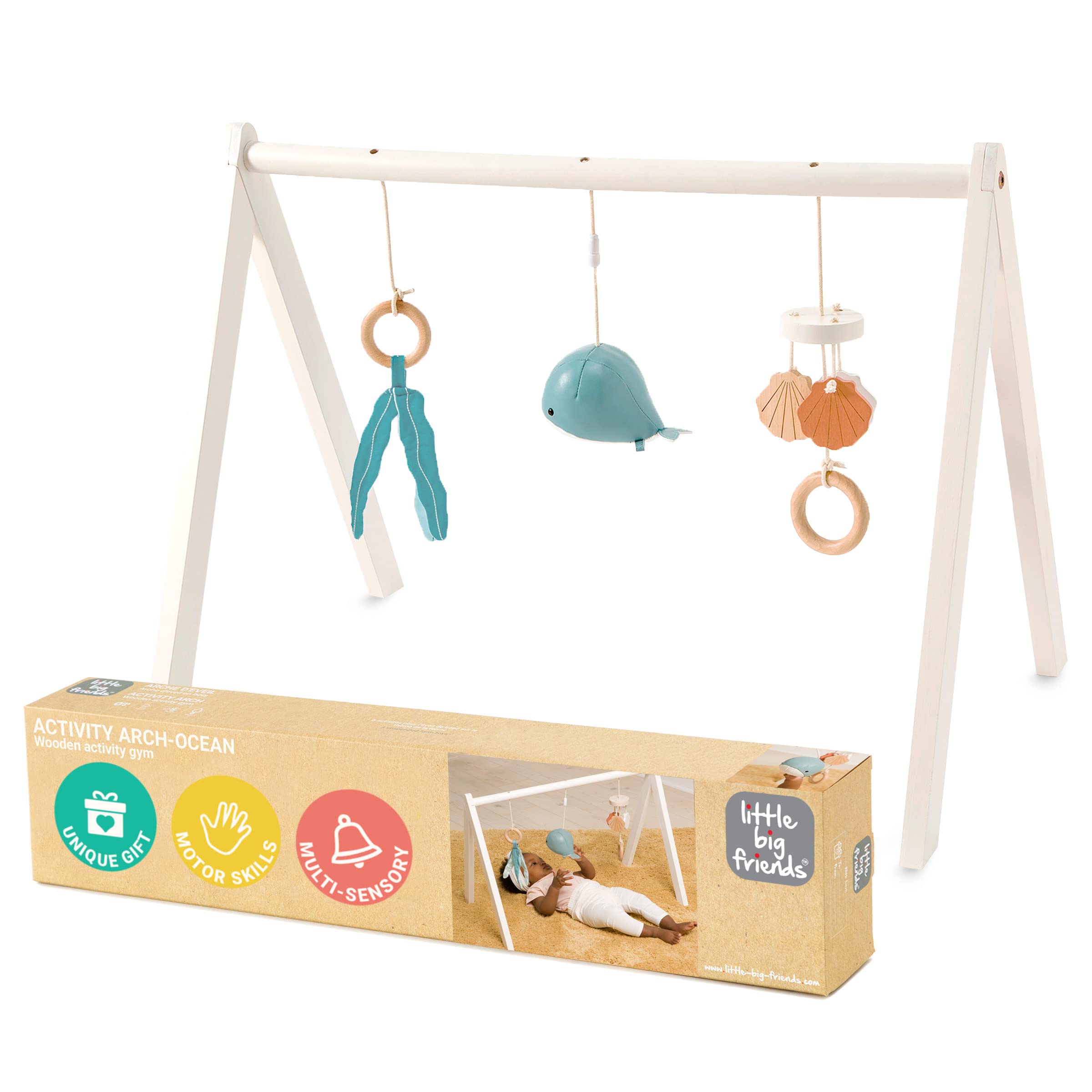 Little Big Friends Wooden Baby Activity Gym – Montessori Play Gym for Babies | Encourages Motor Skills & Sensory Development | Includes Crinkle