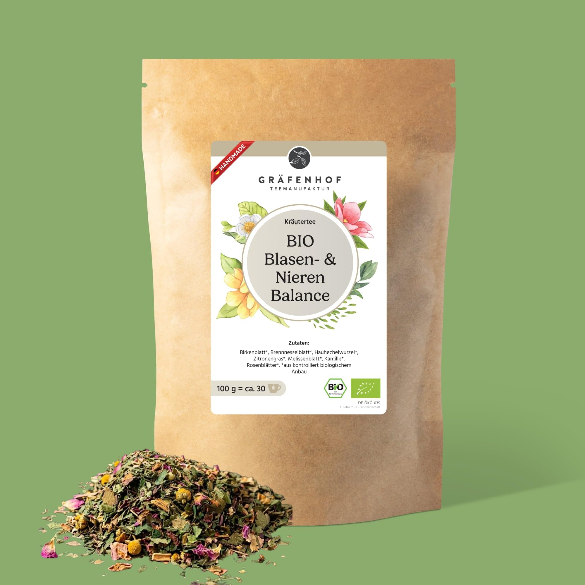 Gräfenhof Blasen- & Nieren Balance Tee Kräutertee Bio, 1000g loser Tee mit Birkenblatt & Brennnesselblatt, koffeinfrei, ohne künstliche Zusatzstoffe, Premium Qualität, in DE abgefüllt