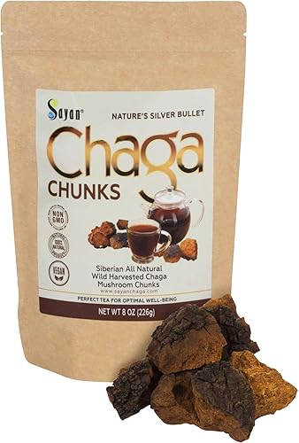 Sayan Siberian - Trozos de hongo chaga puro crudo con corteza superior negra, 8 onzas 7.87 oz, té antioxidante cosechado en la naturaleza prémium