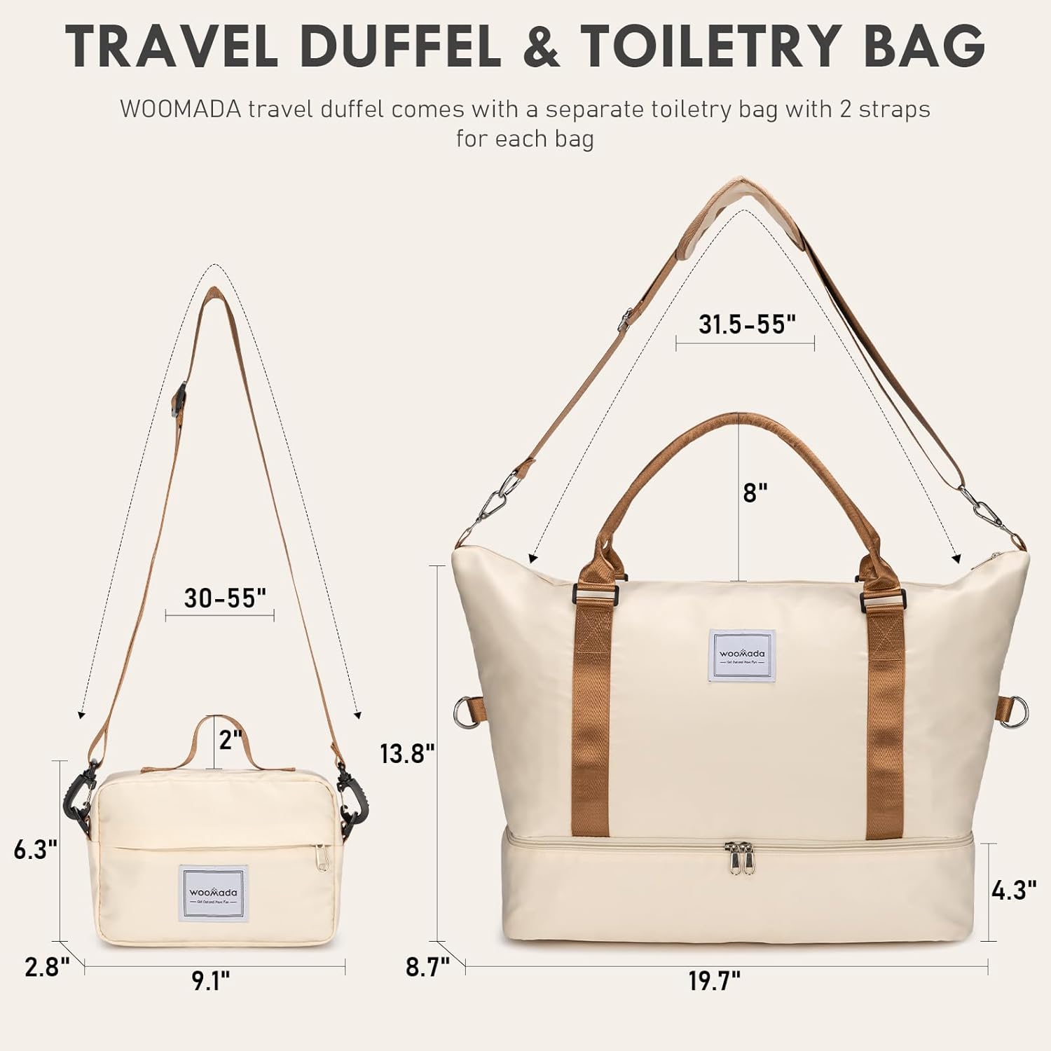 WOOMADA Weekender Bag for Women,Travel Carry On Bag with Shoe Compartment, Overnight Travel Duffle Bag with Toiletry Bag(beige&brown) - Image 2