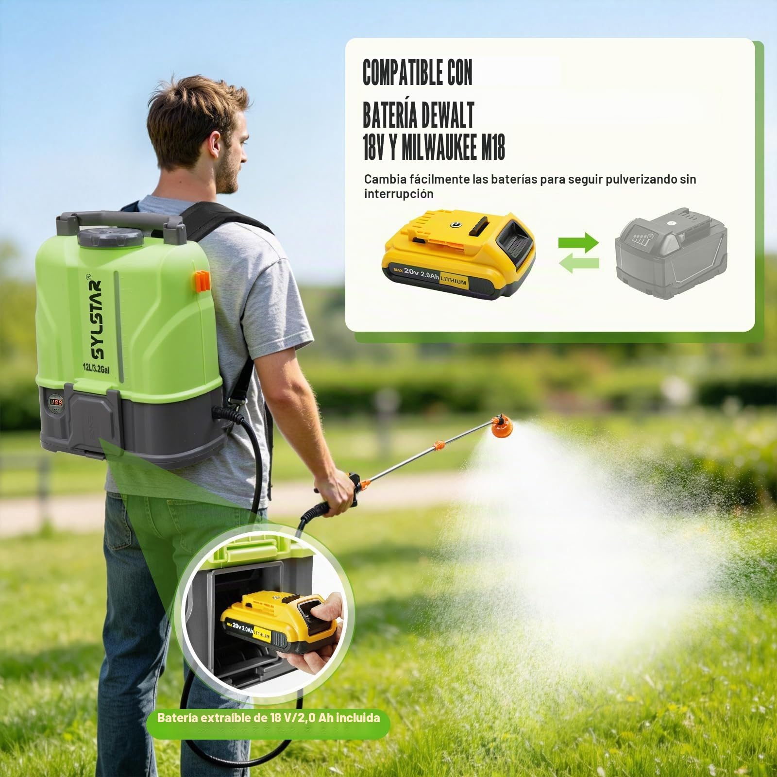 SYLSTAR Pulverizador Electrico 12L, 7Bar Potente Sulfatadora Bateria Compatible con DeWalt 18V, 5 Boquillas Pulverizador Bateria con Fuerza de Pulverización Ajustable (con Cargador)