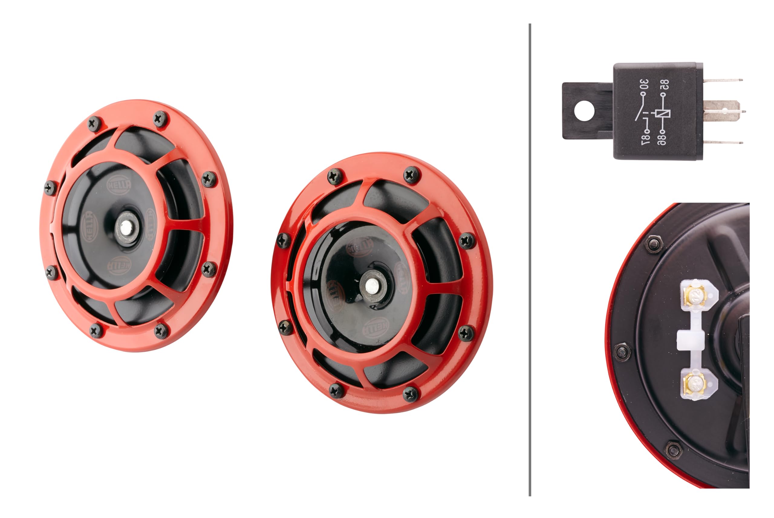 HELLA Horn - PERFORMANCE HORN B133 SET - 12V - 118dB(A) - Frequenzbereich: 300/500Hz - Tiefton/Hochton - elektrisch - Gehäusefarbe: rot/schwarz - Flachsteckanschluss - Menge: 2 - 3AG 003 399-801
