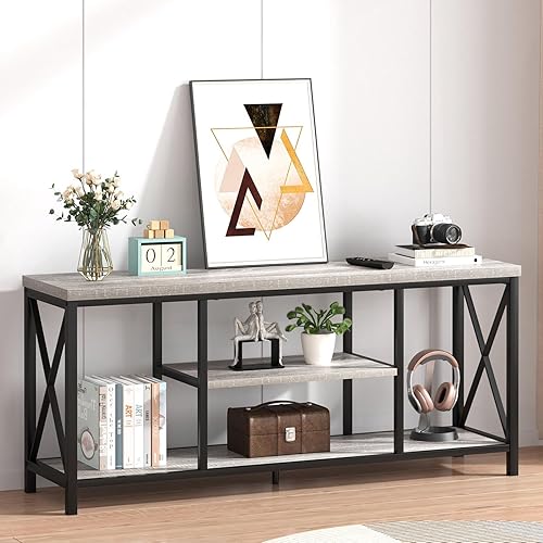 Miniatura 29 de FOLUBAN Soporte de TV para TV de hasta 65 pulgadas, centro de entretenimiento de madera rústica y metal con estantes de almacenamiento, mesa consola