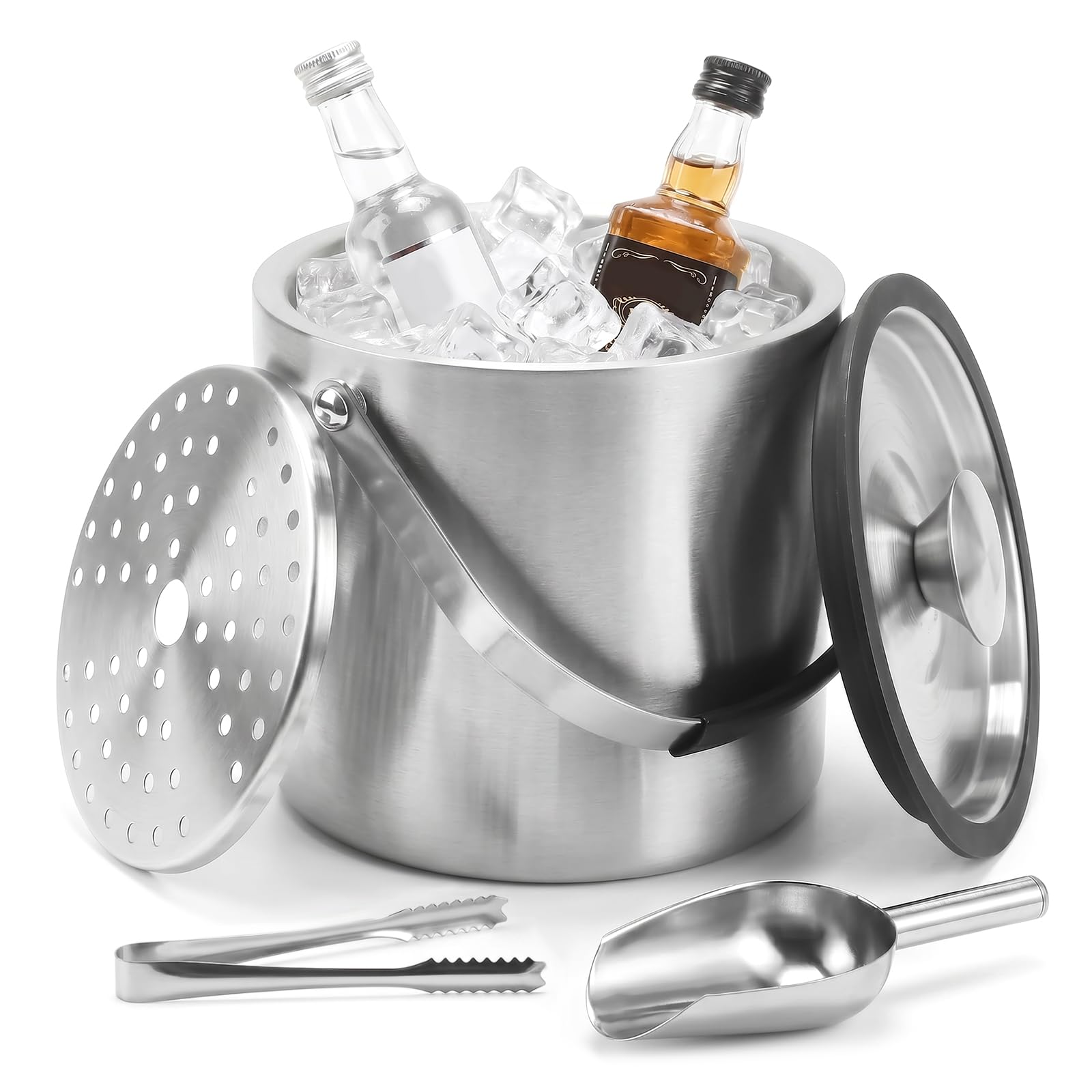 3L Cubitera de Acero Inoxidable, Cubo de Hielo con Tapa, Cuchara, Filtro y Clip Cubitera Aislado de Doble Pared Portátil Contenedores de Hielo para Fiestas, Restaurantes, Picnics, Vino