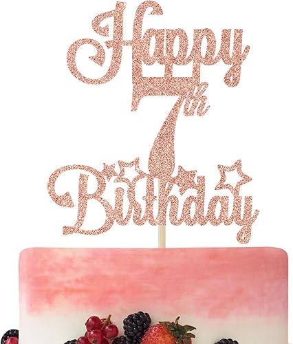 Betalala Decoración para tartas de feliz 7 cumpleaños, Cheers to 7 años, Hello 7, 7th Birthday Anniversary Party Decor Rose Gold Glitter