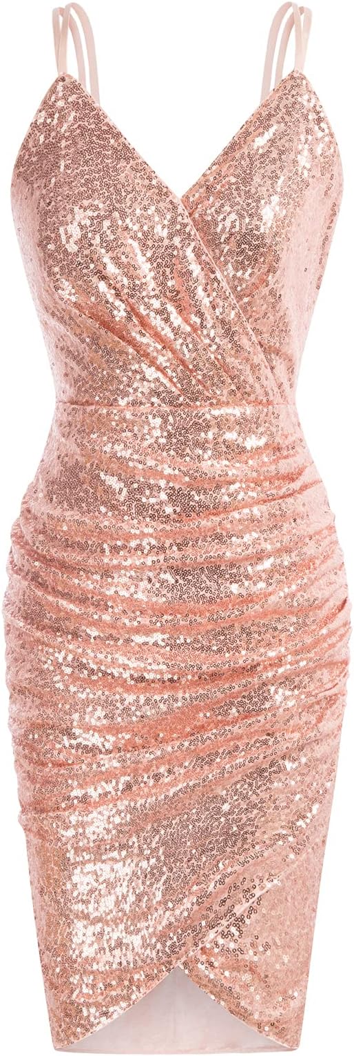 GRACE KARINWomen's Sexy Sequin Sparkly Glitter Ruched Party Club Dress Spaghetti Straps Wrap V-Neck Bodycon Dress