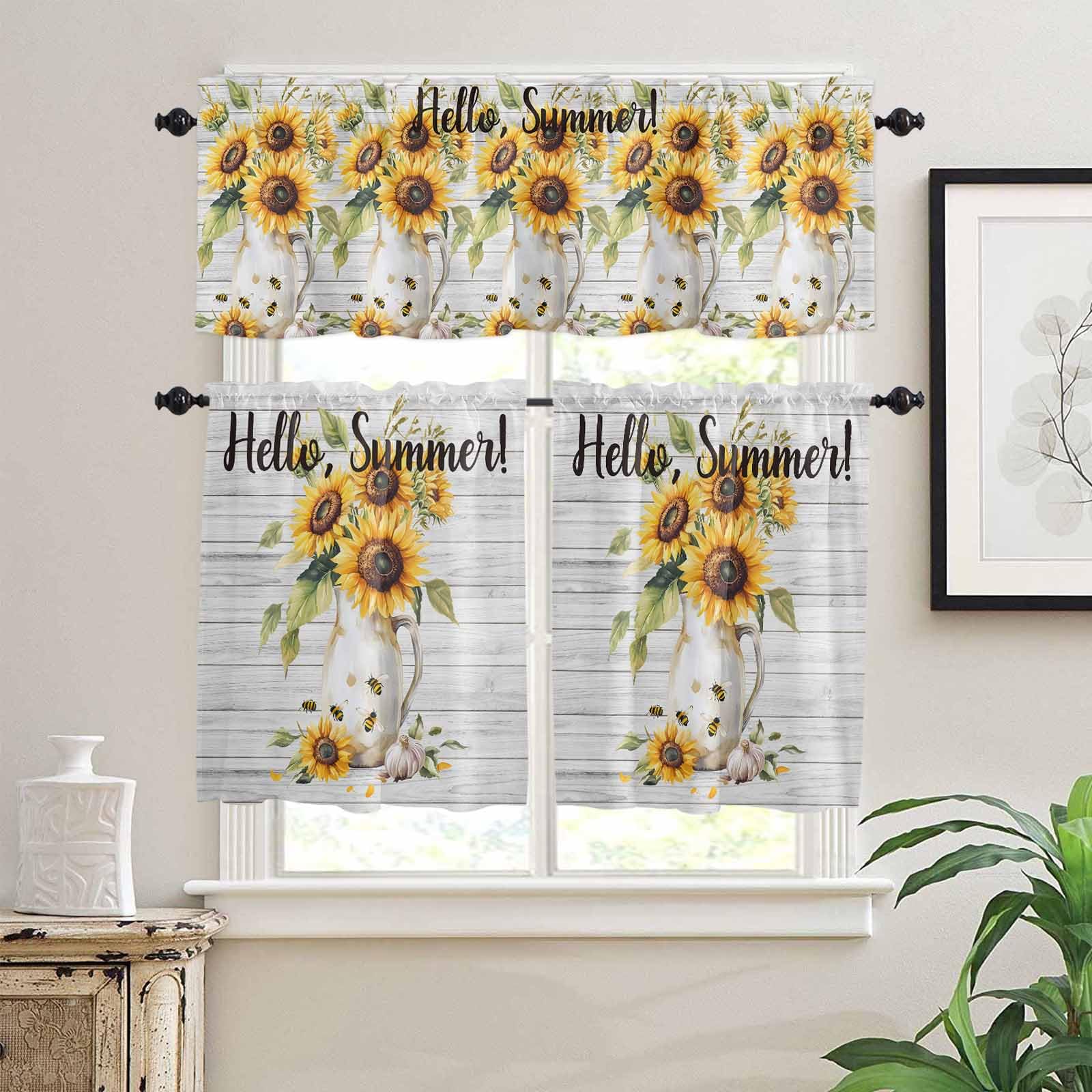Sunflower Kitchen Curtains 36 Inch Length,3 Piece Rod Pocket Small Half Tiers and Valance Set,Summer Bee Wildflower Vintage Grey Wood Grain Small Large Window Treatment Decor for Bedroom/Bathroom