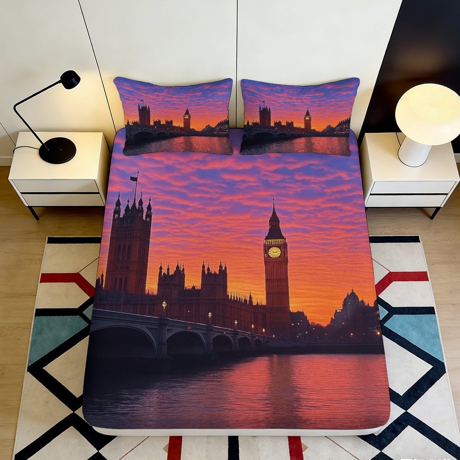 3D Printed London Sunset Fitted Sheet Microfiber Artistic Cityscape Bed Cover for Bedroom Guest Room Protection Decor 90x200x25cm