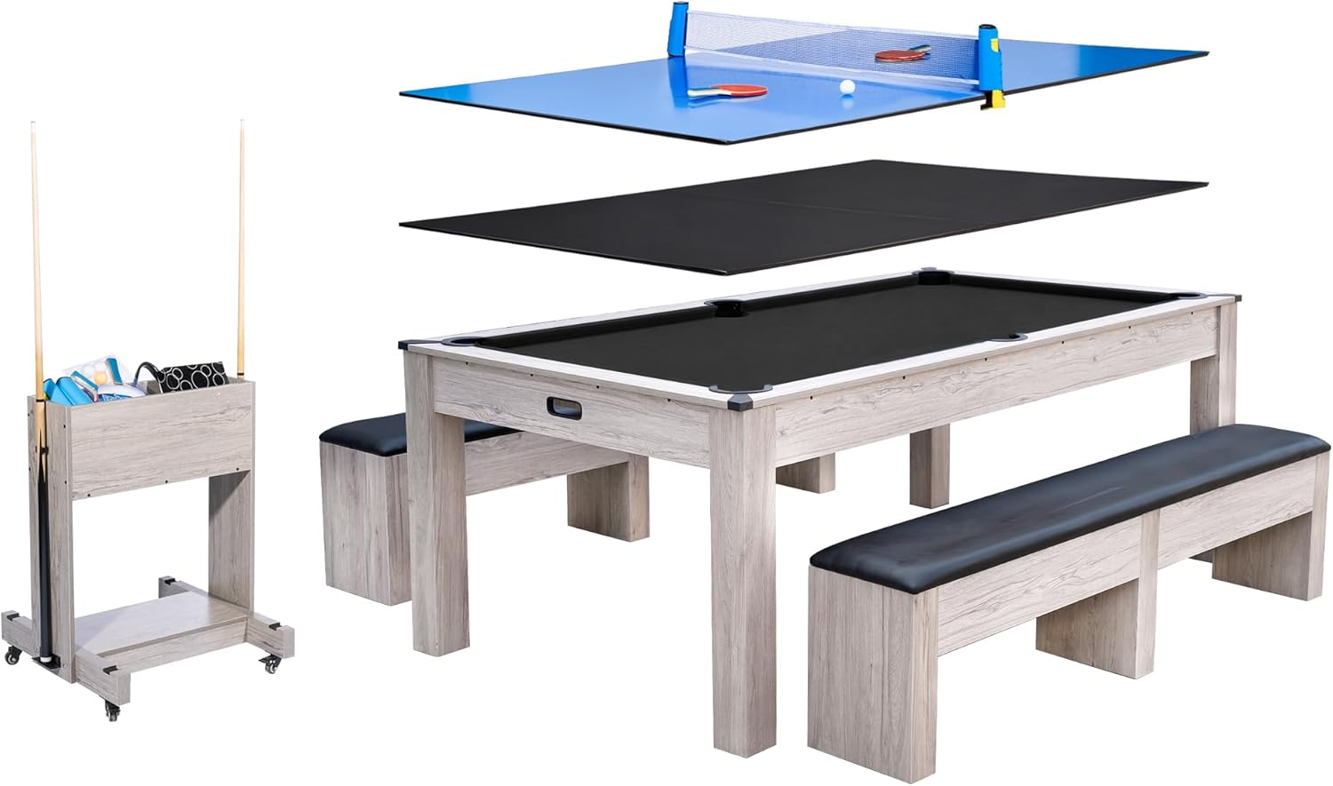 7FT Convertible Pool Table - 3-in-1 Billiard, Dining Table & Ping Pong | Includes Rolling Storage Cart, Cue Sticks, Balls, Table Tennis Set | Space-Saving Game Table for Home & Game Rooms Black