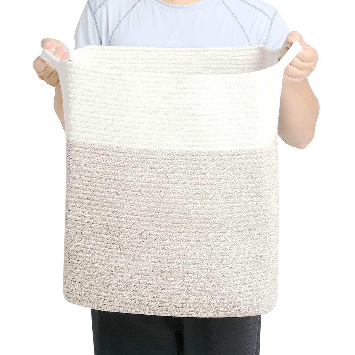 Tall Laundry Basket With Handles,Woven Cotton Rope Big Laundry Hamper Sorters,Versatile Storage for Dirty Clothes,Baby Toys,and Blankets in Bathroom, Nursery,and Living Room (White Brown, 50L)