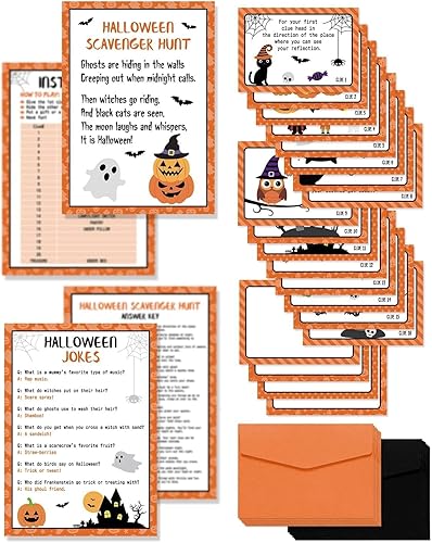 Sinasasspel Tarjetas de pistas de búsqueda del tesoro de Halloween, juegos de búsqueda del tesoro de Halloween para adultos, para interiores y