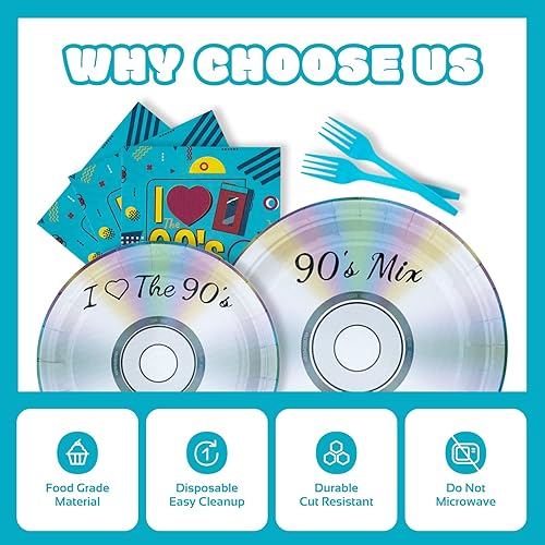 Miniatura 4 de Vajilla para decoración de fiestas temáticas de los años 90, suministros retro para fiestas de cumpleaños de los 90, incluye platos, tenedores,