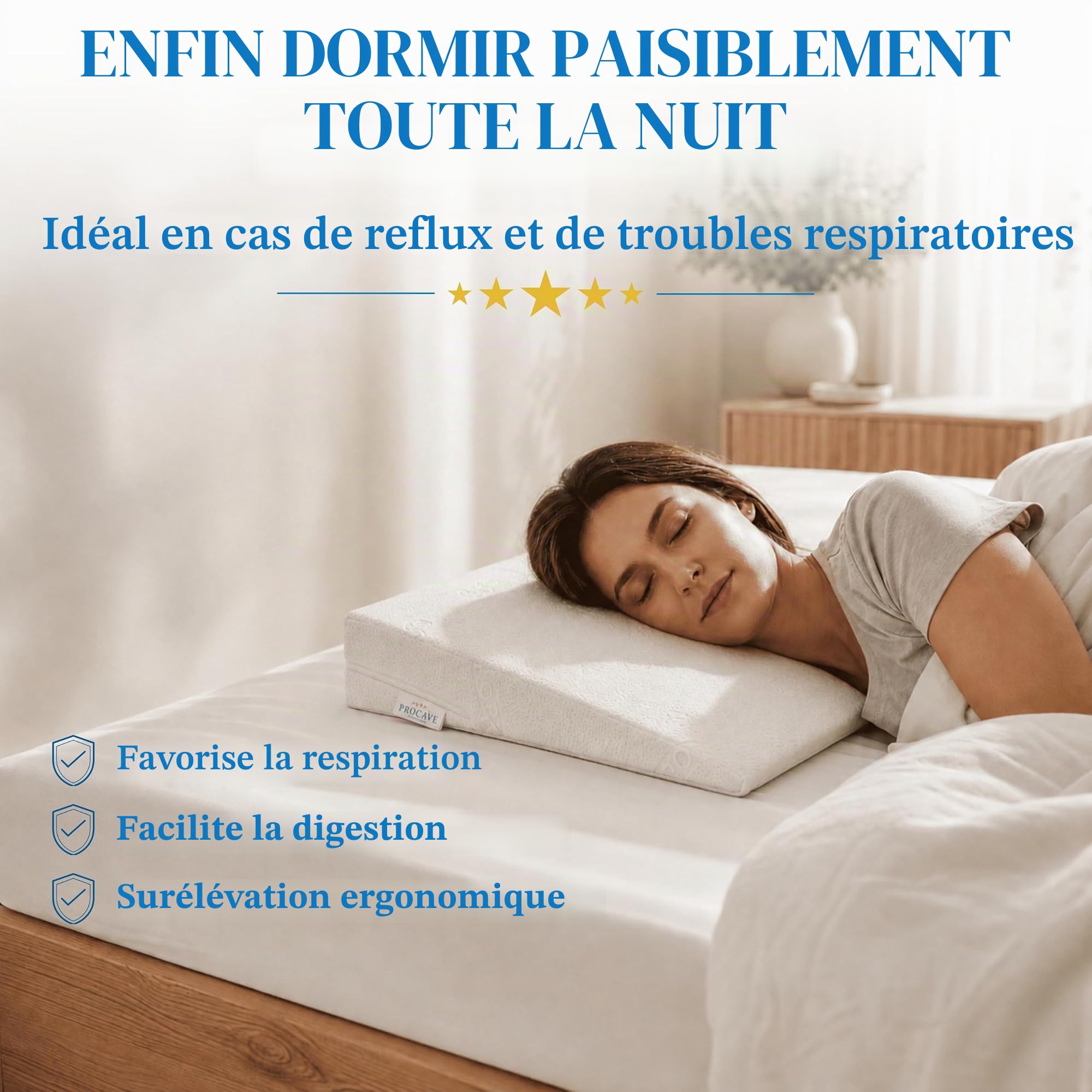 PROCAVE Cale de lit | Coussin en Mousse en Forme de cale | Réhausseur de Matelas Respirant | Fabriqué en Allemagne | Housse Double en Tissu Aloevera | 140 cm x 45 cm x 15/1 cm
