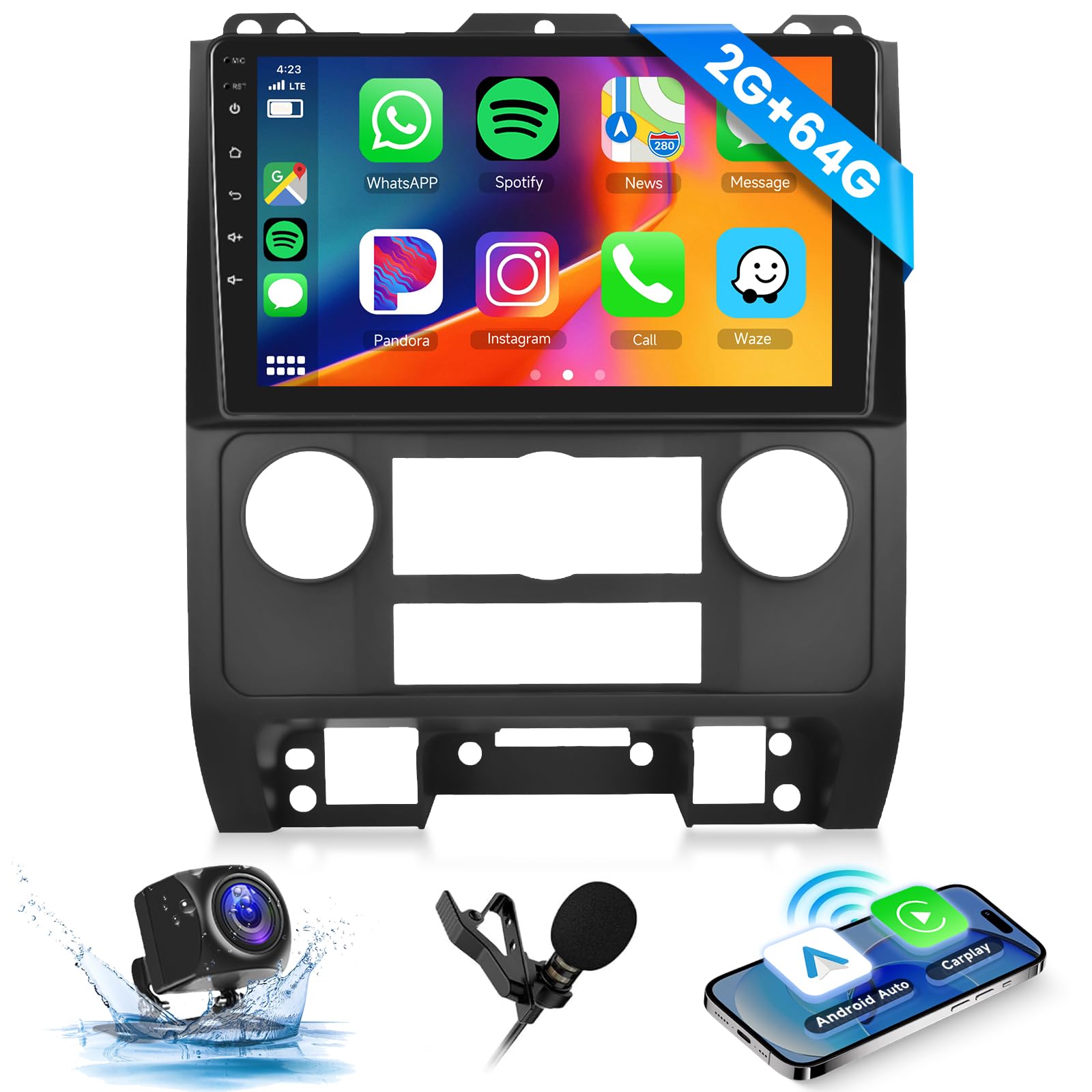 [2G+64G] Car Stereo for Ford Escape Kuga 2007-2012/ Mazda Tribute Android Head Unit, Wireless Carplay Android Auto, 9 Inch Touch Screen Car Radio GPS,Bluetooth, WiFi, FM RDS Radio,BT/SWC/EQ