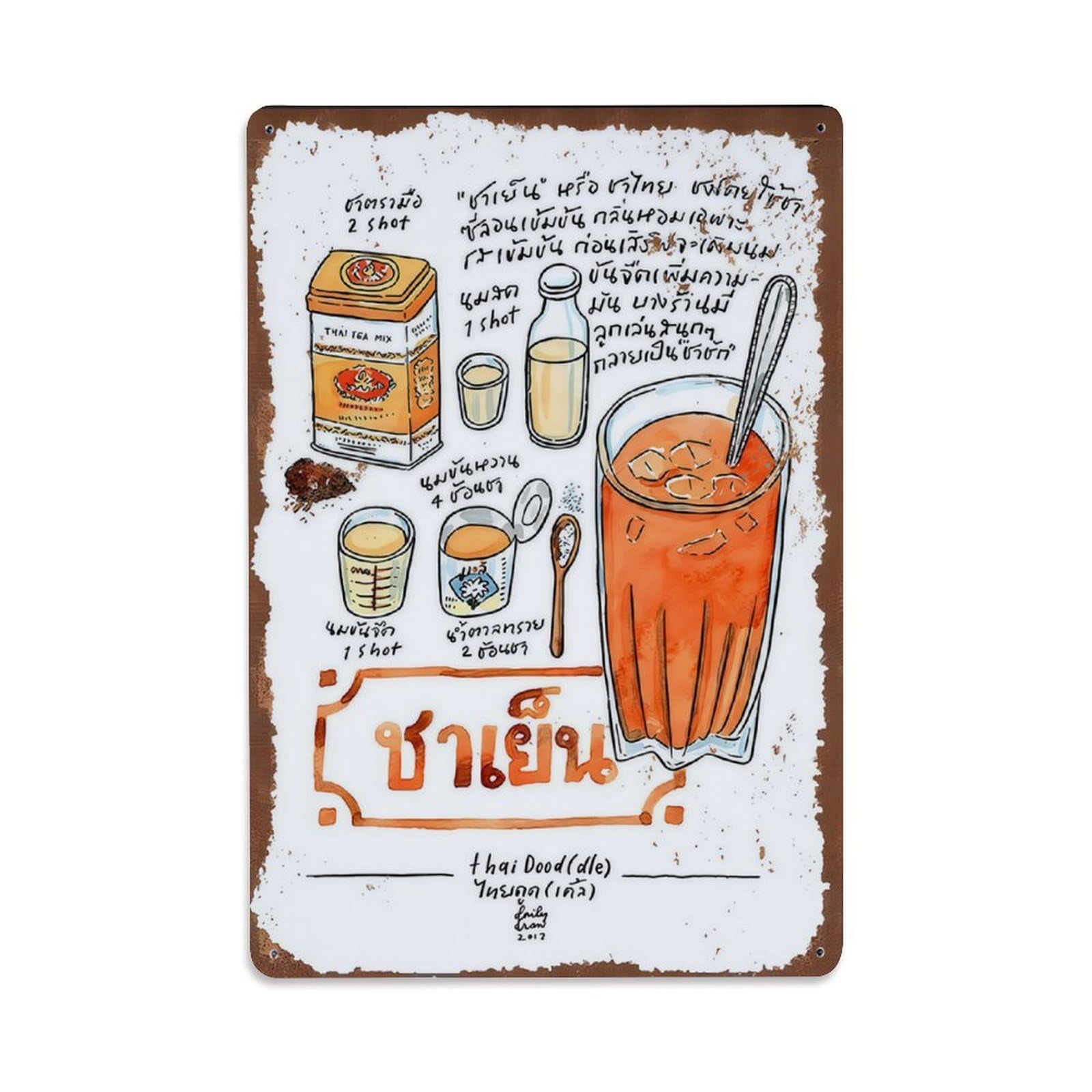 Hand Drawn Thai Milk Tea Recipe Vintage Aluminium Metal Sign, Retro Wall Decor for Home, Bar, Garage & Farmhouse 30x20cm