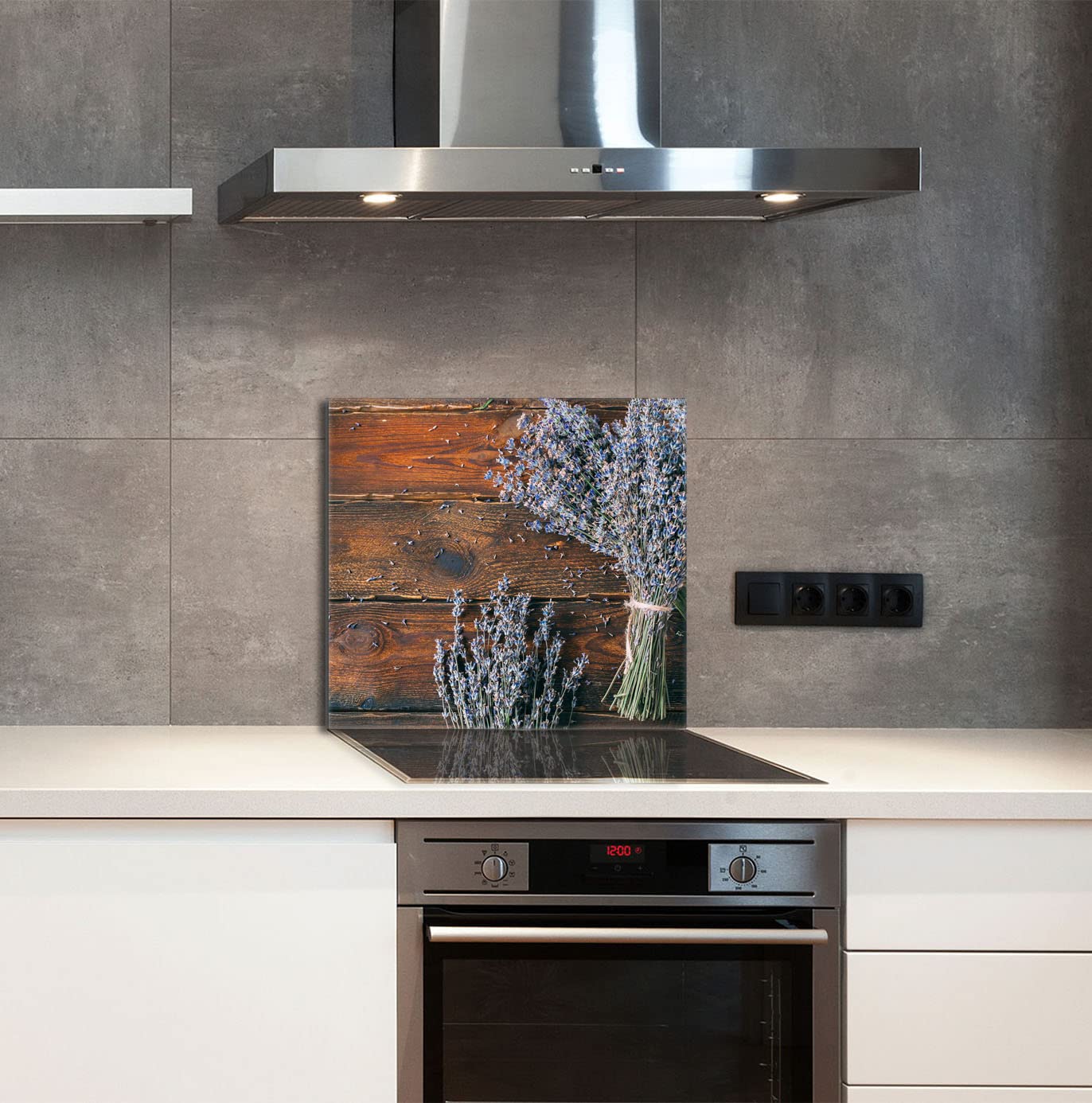 Szklany panel ochronny do kuchni Lacobel, szklana płyta ochronna na kuchenkę, 65x60 cm, szklana deska do krojenia, ochrona przed rozpryskiwaniem, uniwersalna, LAWENDA