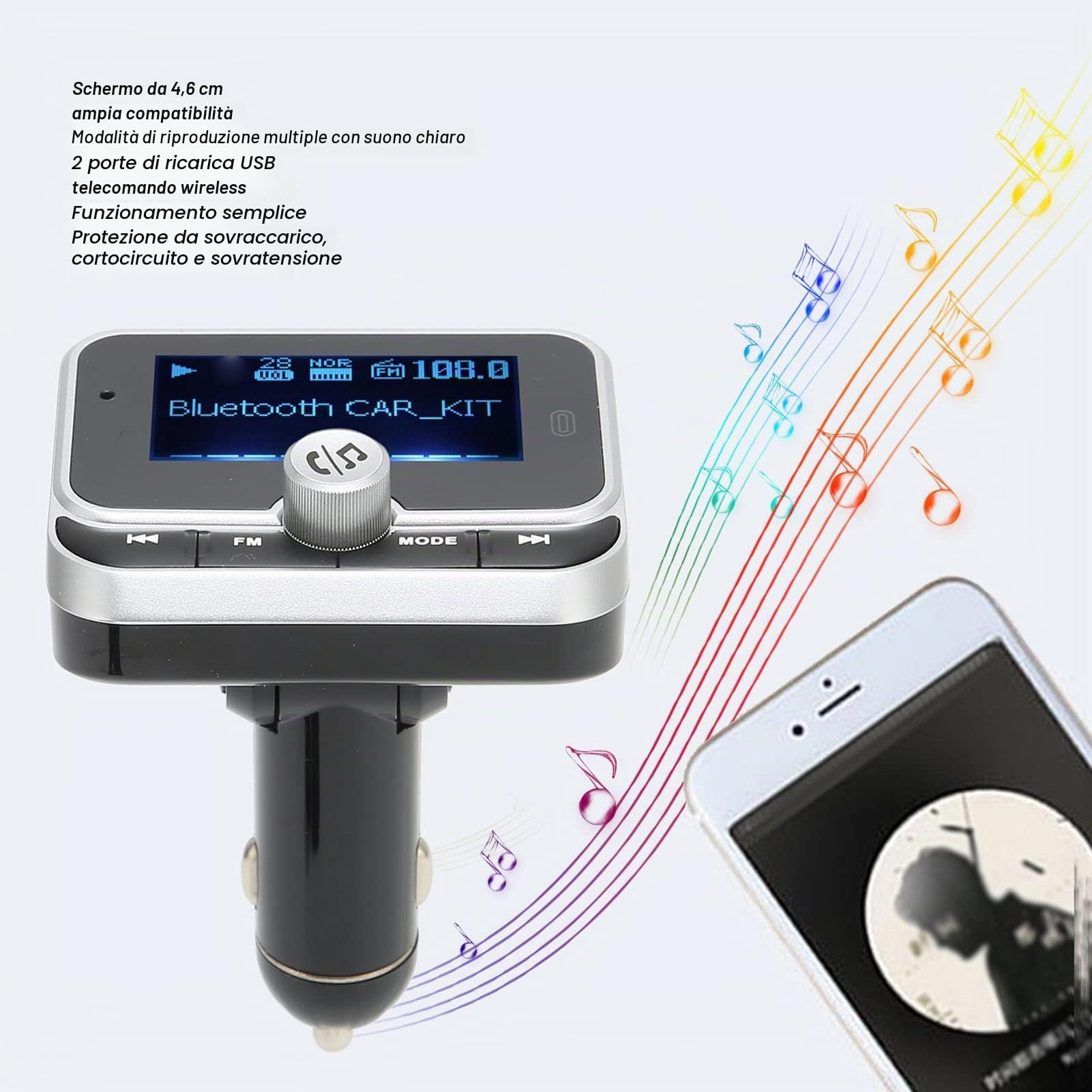 Trasmettitore FM Bluetooth per Auto, Adattatore Bluetooth Wireless Kit Trasmettitore Musicale per Auto con Caricatore per Auto 2 USB Vivavoce, Modalità di Riproduzione Multiple per Tutti i Lettori Aud